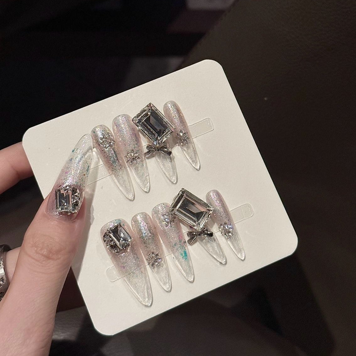 NAYL - CRYSTAL PRISM - 10PCS Long STILETTO Handmade Press On Nails Reusable Metallic 3D Gel Jewel