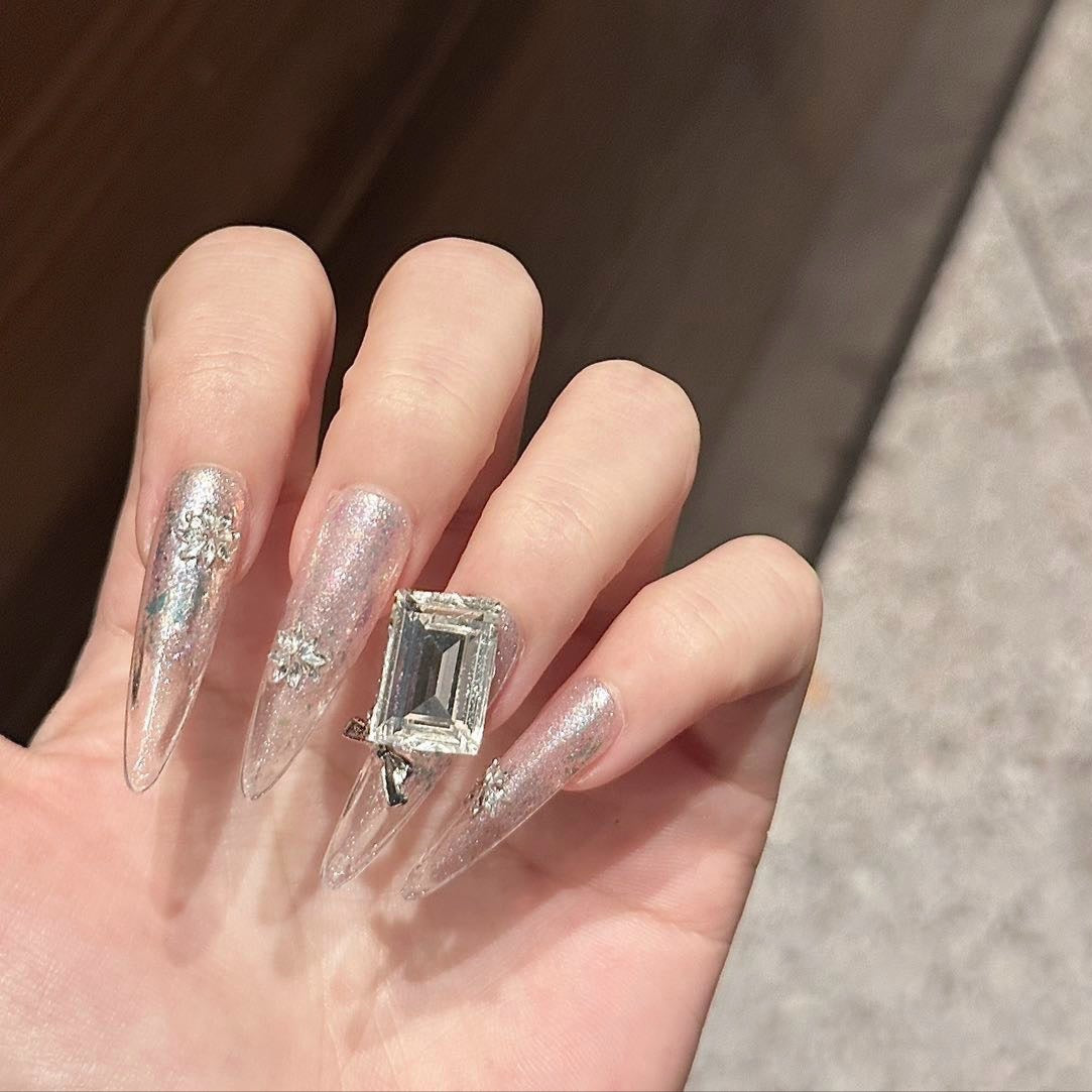 NAYL - CRYSTAL PRISM - 10PCS Long STILETTO Handmade Press On Nails Reusable Metallic 3D Gel Jewel