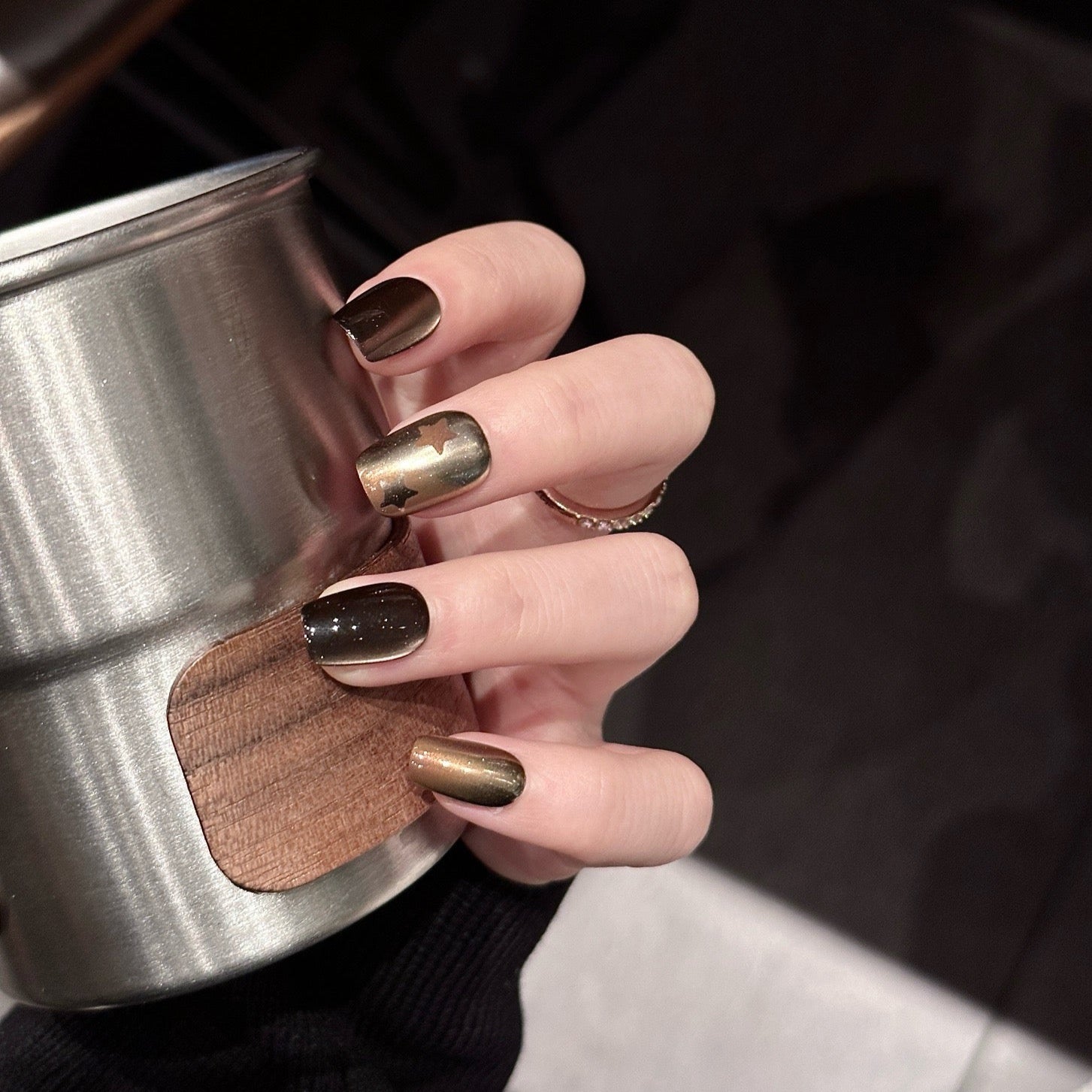 NAYL - GALACTIC GOLD - 10PCS Short SQUOVAL Handmade Press On Nails Reusable Metallic Cat Eye Chrome Pattern