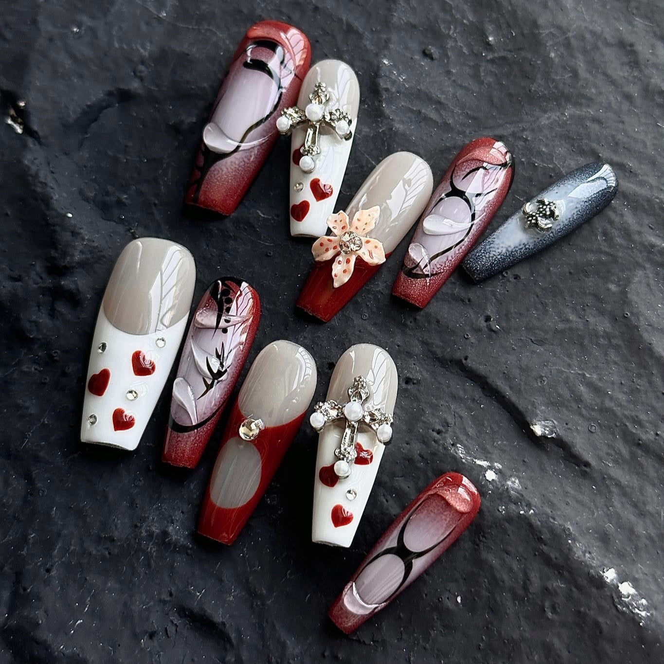 NAYL - GOTHIC BLOSSOM - 10PCS Long COFFIN Handmade Press On Nails Reusable 3D Gel Pattern Floral Ombre French Jewel