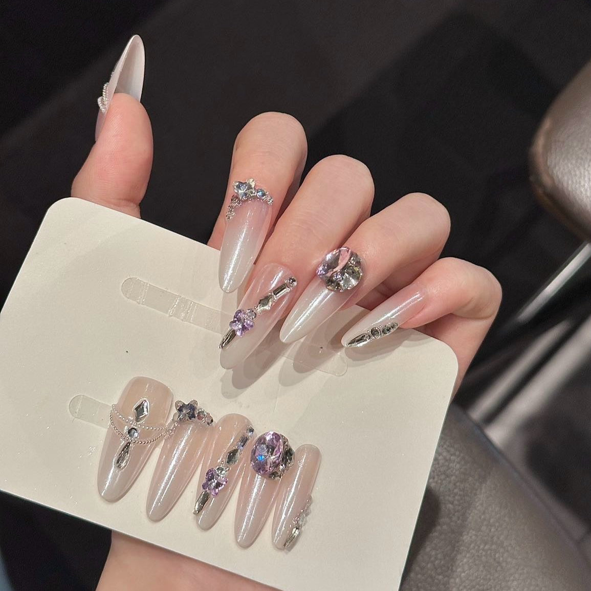 NAYL - LAVENDER MAJESTY - 10PCS Long ALMOND Handmade Press On Nails Reusable Metallic Chrome 3D Gel Ombre Jewel