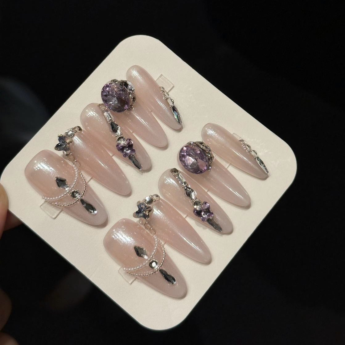 NAYL - LAVENDER MAJESTY - 10PCS Long ALMOND Handmade Press On Nails Reusable Metallic Chrome 3D Gel Ombre Jewel