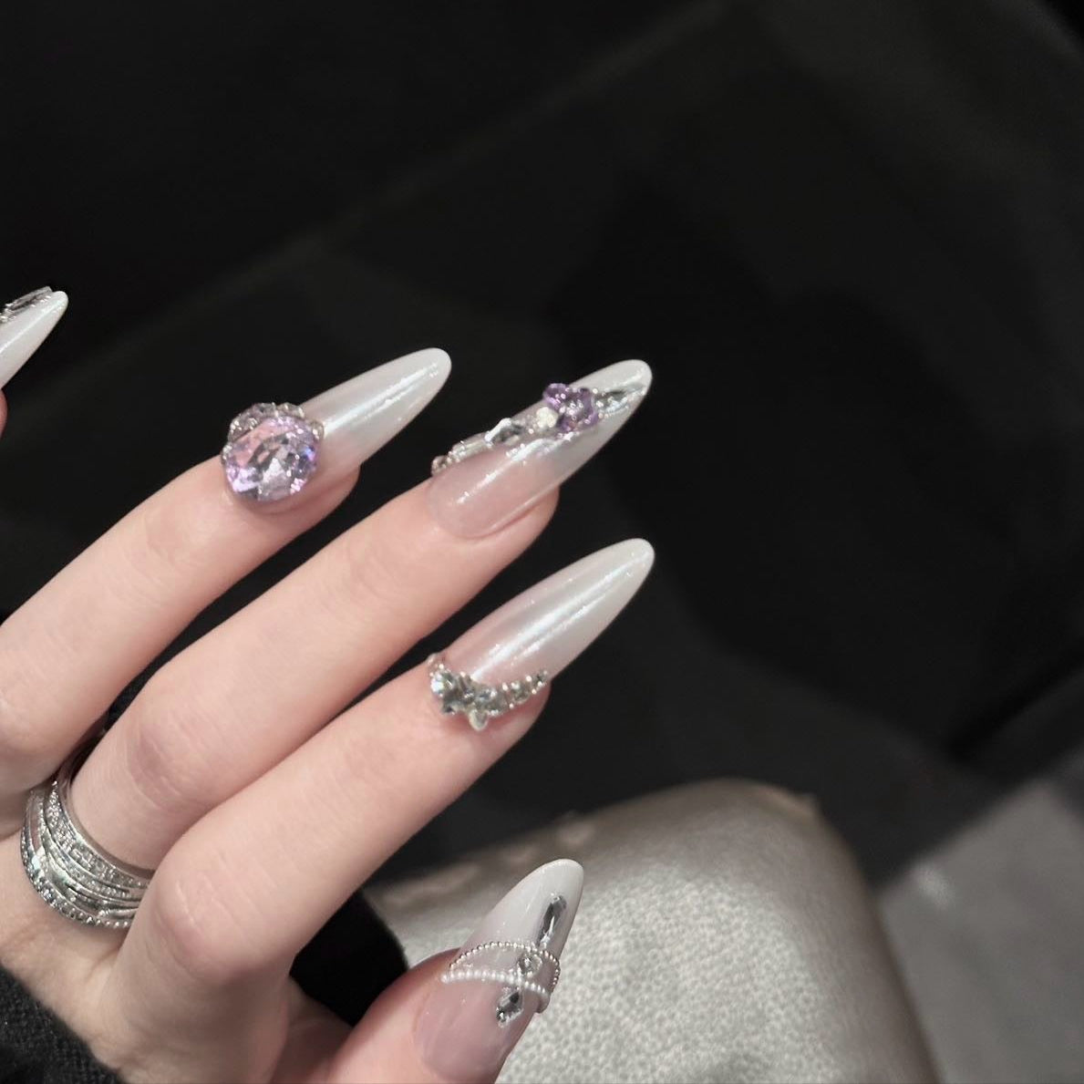 NAYL - LAVENDER MAJESTY - 10PCS Long ALMOND Handmade Press On Nails Reusable Metallic Chrome 3D Gel Ombre Jewel