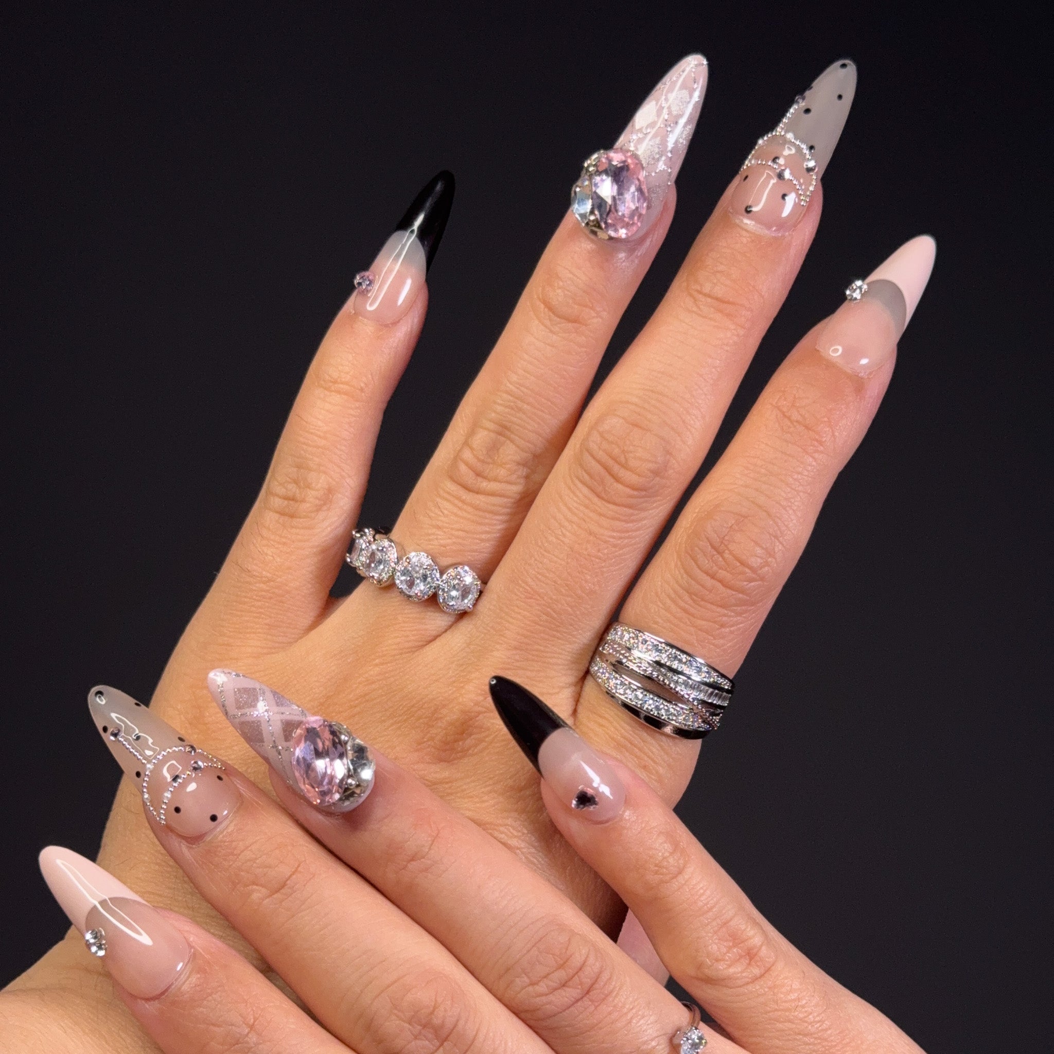 NAYL - CELESTIAL MUSE 10PCS Handmade Press On Nails REUSABLE 3D Gel STILETTO NUDE BLACK CRYSTAL ACCENT