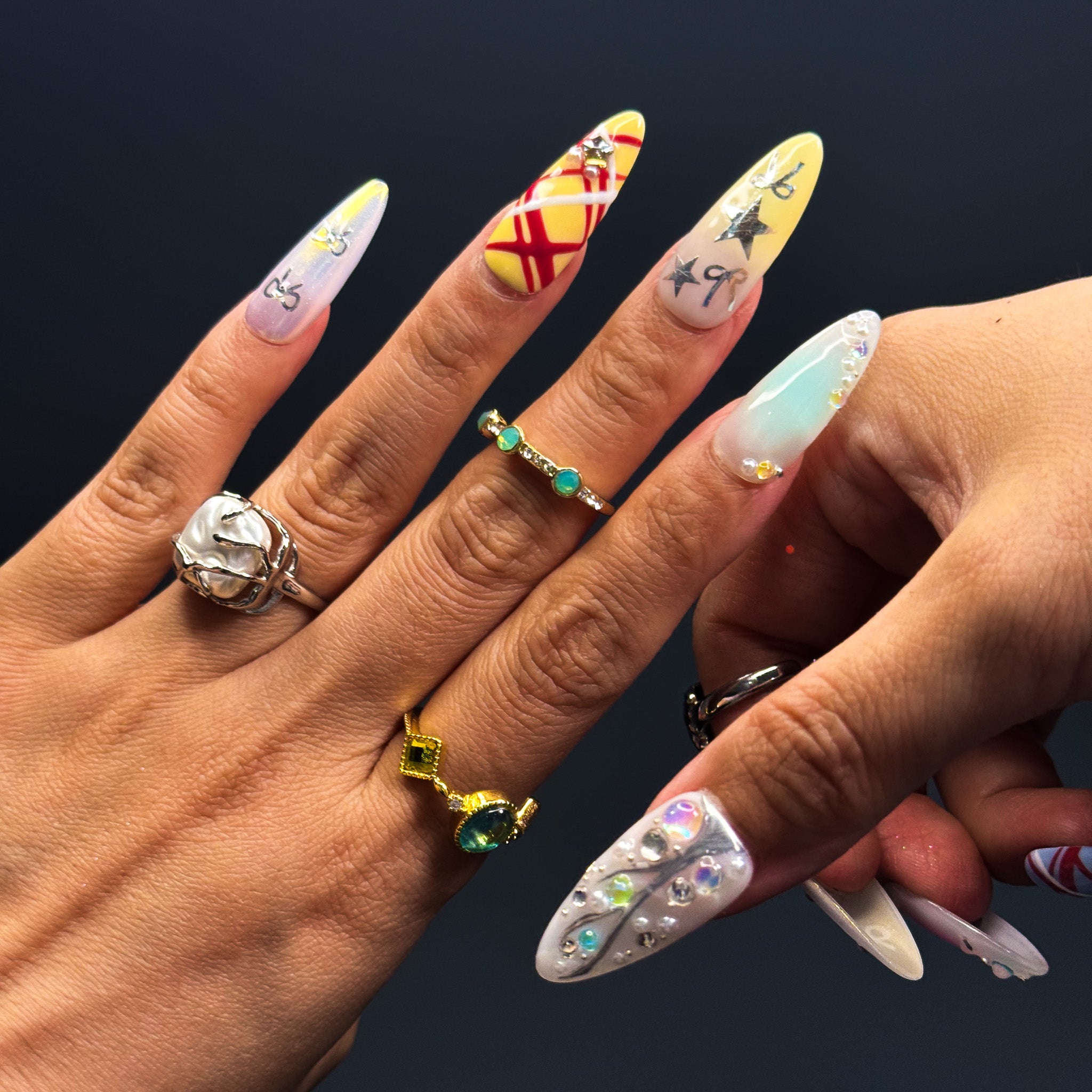 NAYL - CELESTIAL WHIMSY - 10PCS Long ALMOND Handmade Press On Nails Reusable Jewel Metallic 3D Gel Pattern Ombre Chrome