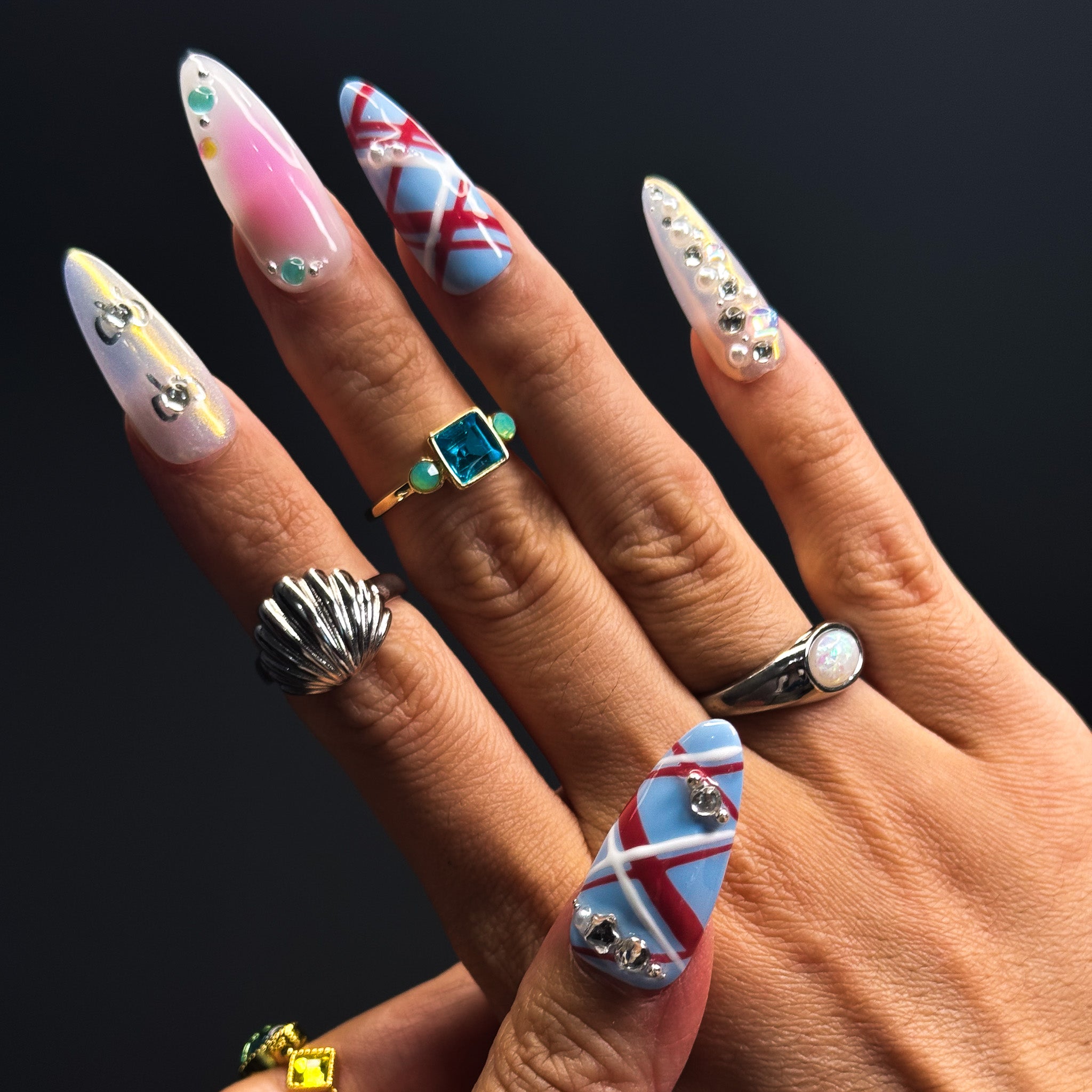 NAYL - CELESTIAL WHIMSY - 10PCS Long ALMOND Handmade Press On Nails Reusable Jewel Metallic 3D Gel Pattern Ombre Chrome