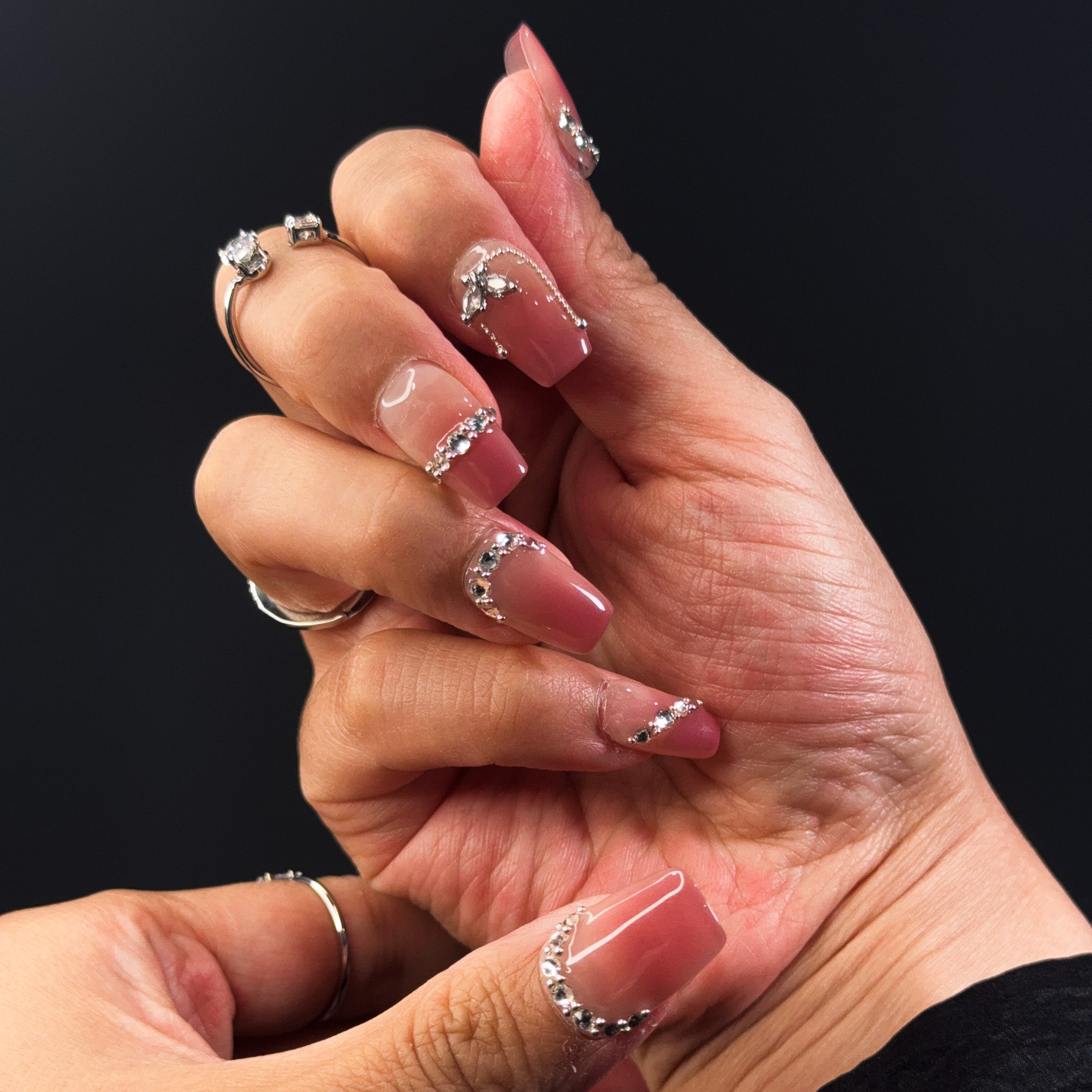 NAYL - CRYSTAL ELEGANCE - 10PCS Short COFFIN Handmade Press On Nails Reusable Metallic 3D Gel Jewel Ombre