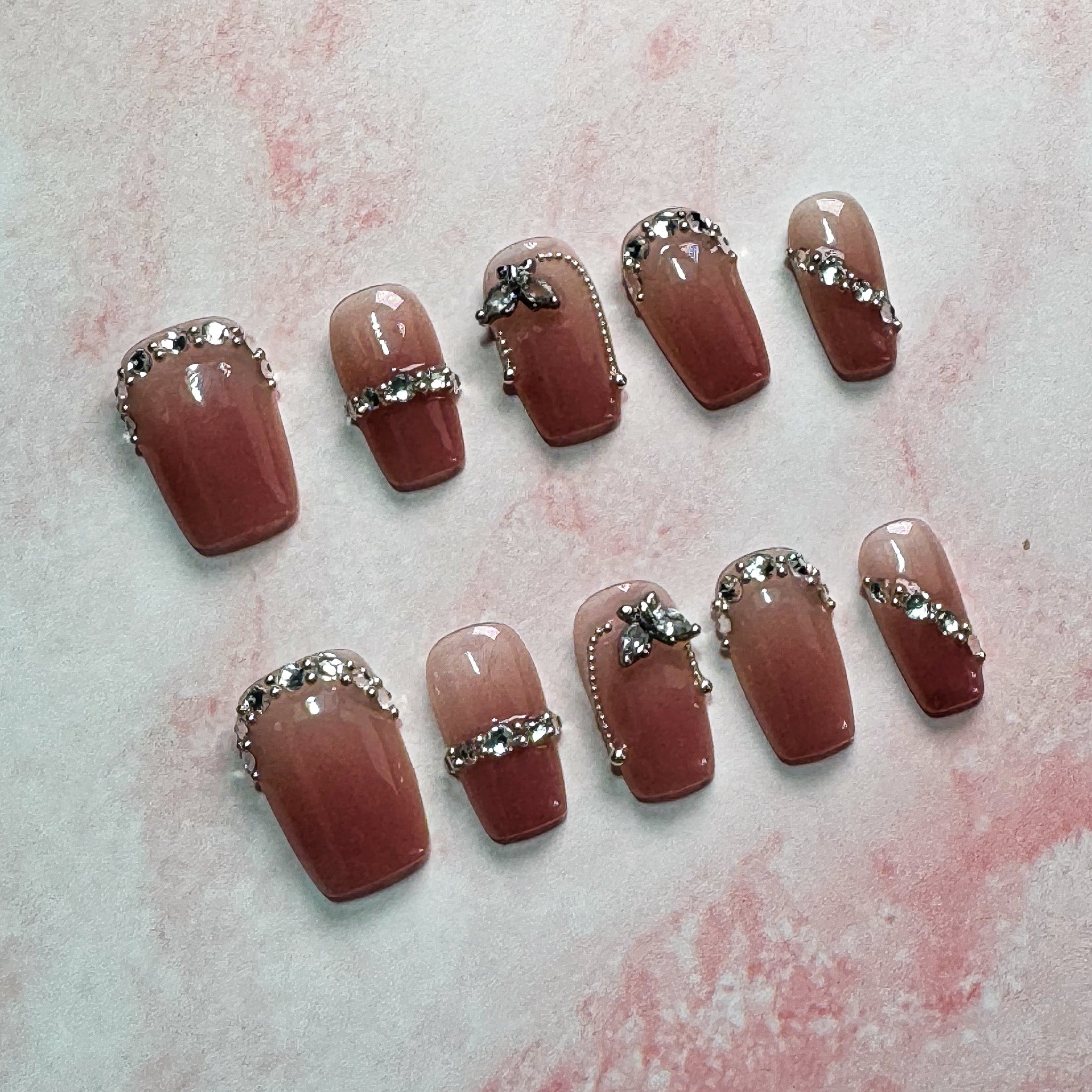 NAYL - CRYSTAL ELEGANCE - 10PCS Short COFFIN Handmade Press On Nails Reusable Metallic 3D Gel Jewel Ombre