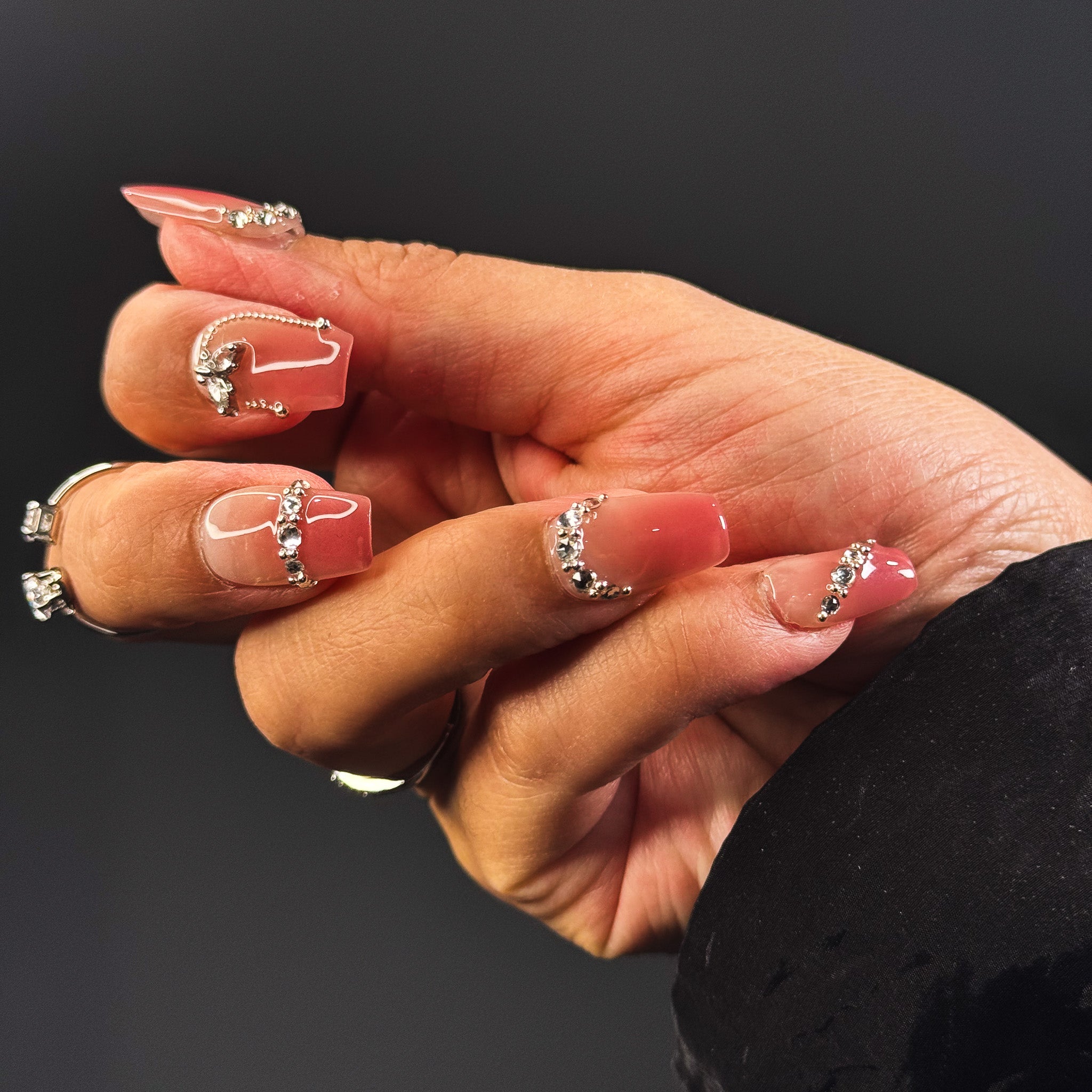 NAYL - CRYSTAL ELEGANCE - 10PCS Short COFFIN Handmade Press On Nails Reusable Metallic 3D Gel Jewel Ombre