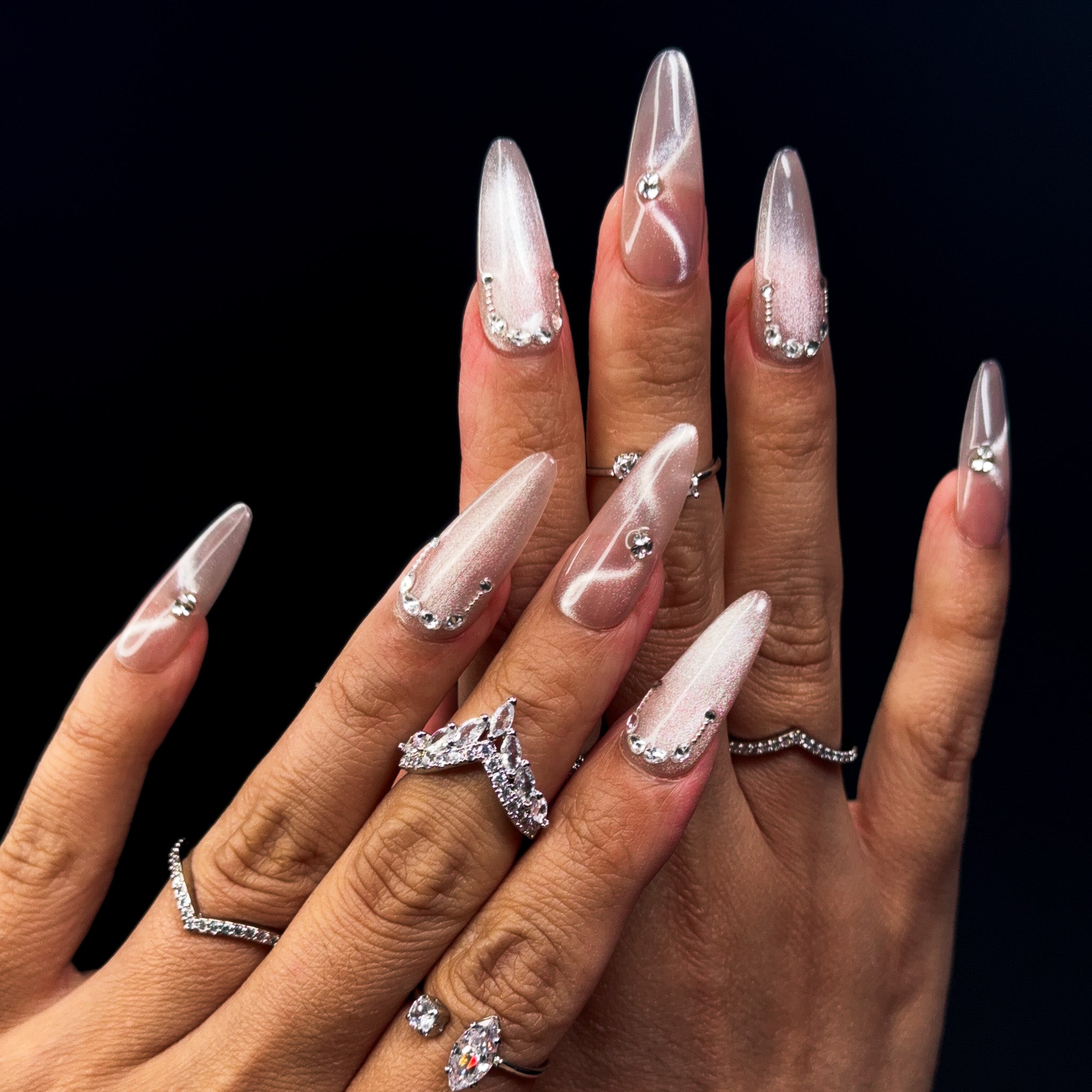 NAYL - FROSTED ELEGANCE - 10PCS Long STILETTO Handmade Press On Nails Reusable 3D Gel Jewel Cat Eye