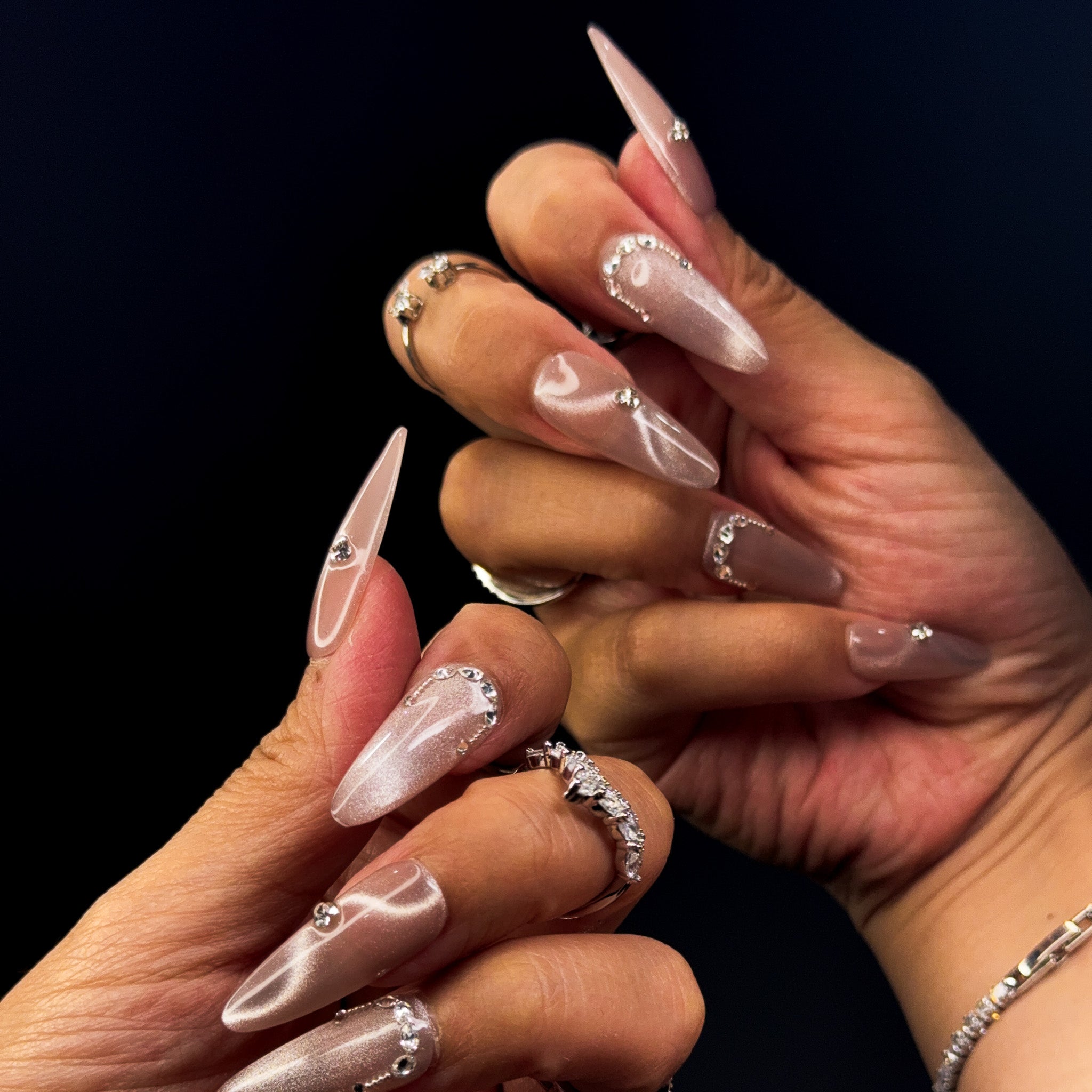 NAYL - FROSTED ELEGANCE - 10PCS Long STILETTO Handmade Press On Nails Reusable 3D Gel Jewel Cat Eye
