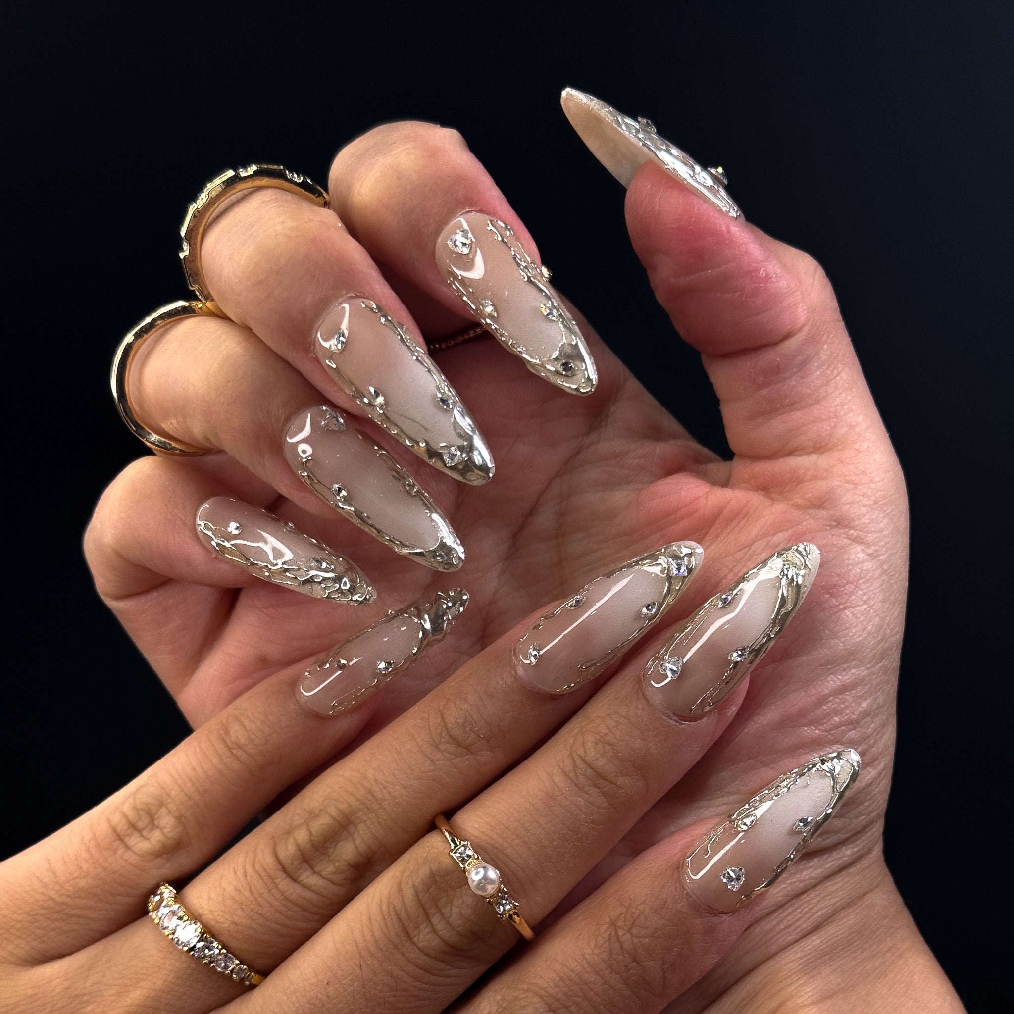 NAYL - GILDED ELEGANCE - 10PCS Long ALMOND Handmade Press On Nails Reusable Metallic 3D Gel Ombre Jewel