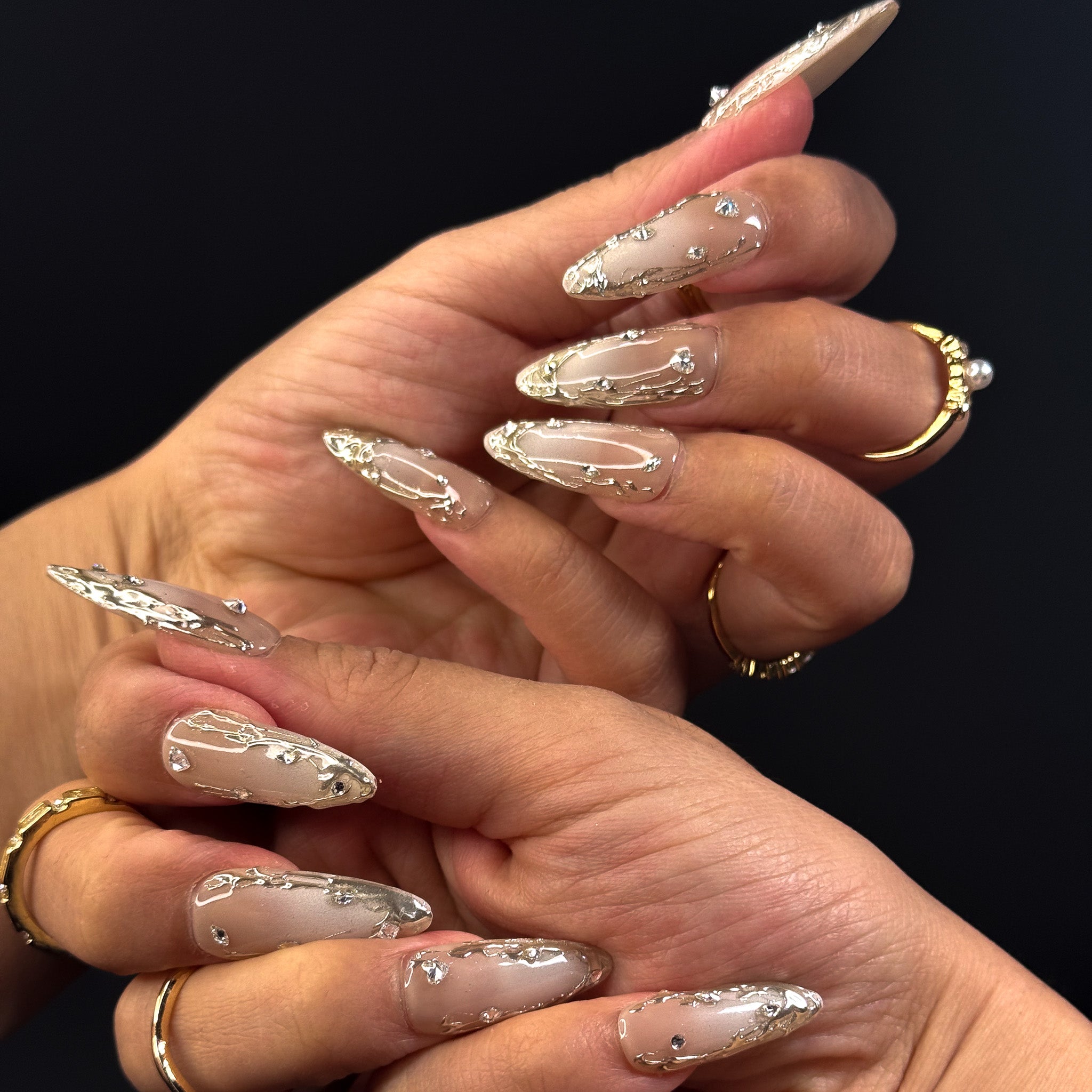 NAYL - GILDED ELEGANCE - 10PCS Long ALMOND Handmade Press On Nails Reusable Metallic 3D Gel Ombre Jewel