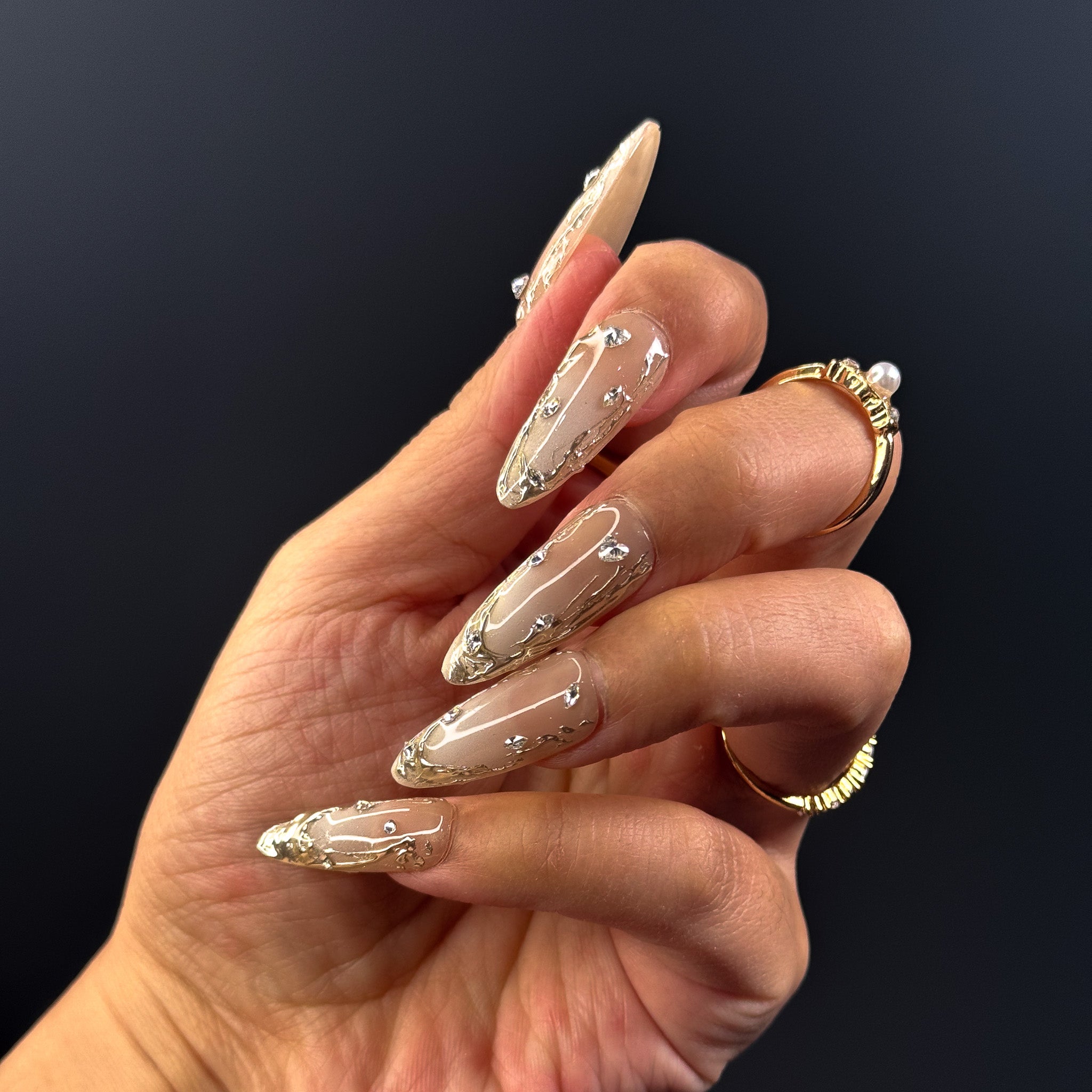 NAYL - GILDED ELEGANCE - 10PCS Long ALMOND Handmade Press On Nails Reusable Metallic 3D Gel Ombre Jewel