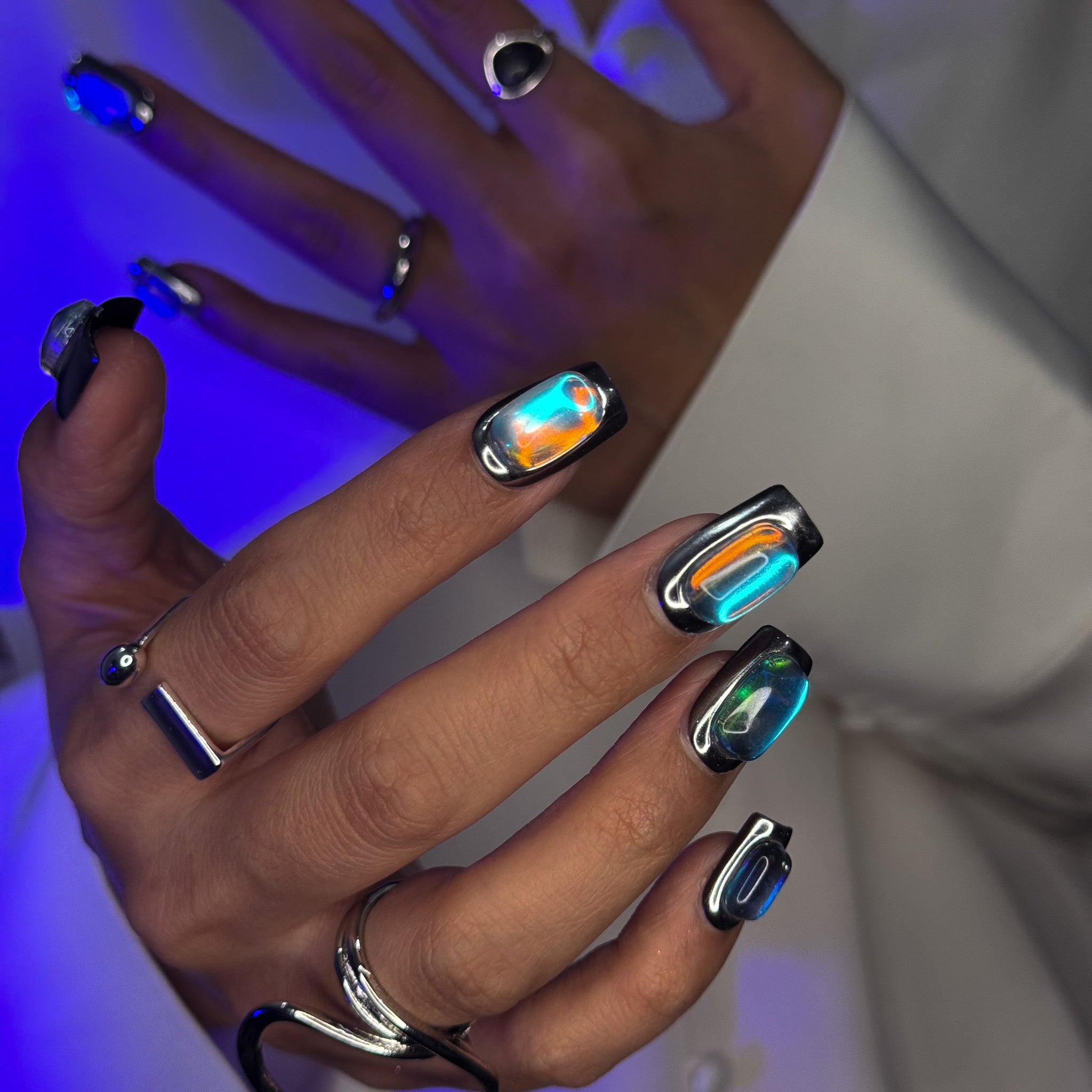 NAYL - HOLO CHROME - 10PCS Short SQUARE Handmade Press On Nails Reusable Metallic 3D Gel Chrome