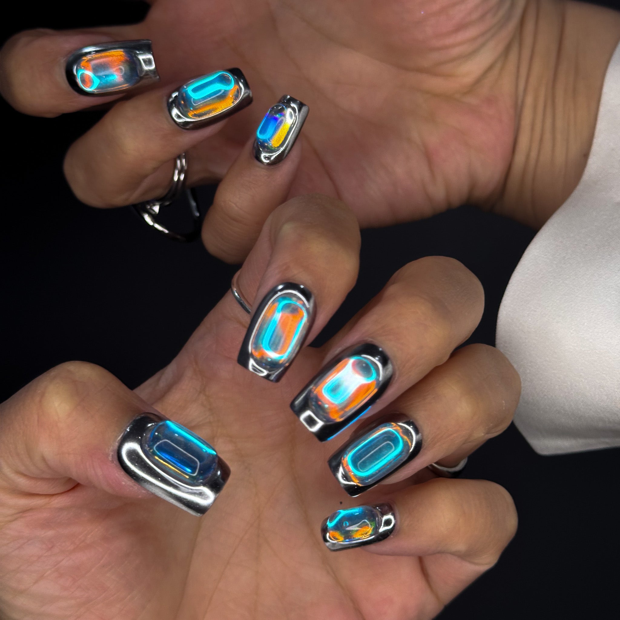 NAYL - HOLO CHROME - 10PCS Short SQUARE Handmade Press On Nails Reusable Metallic 3D Gel Chrome