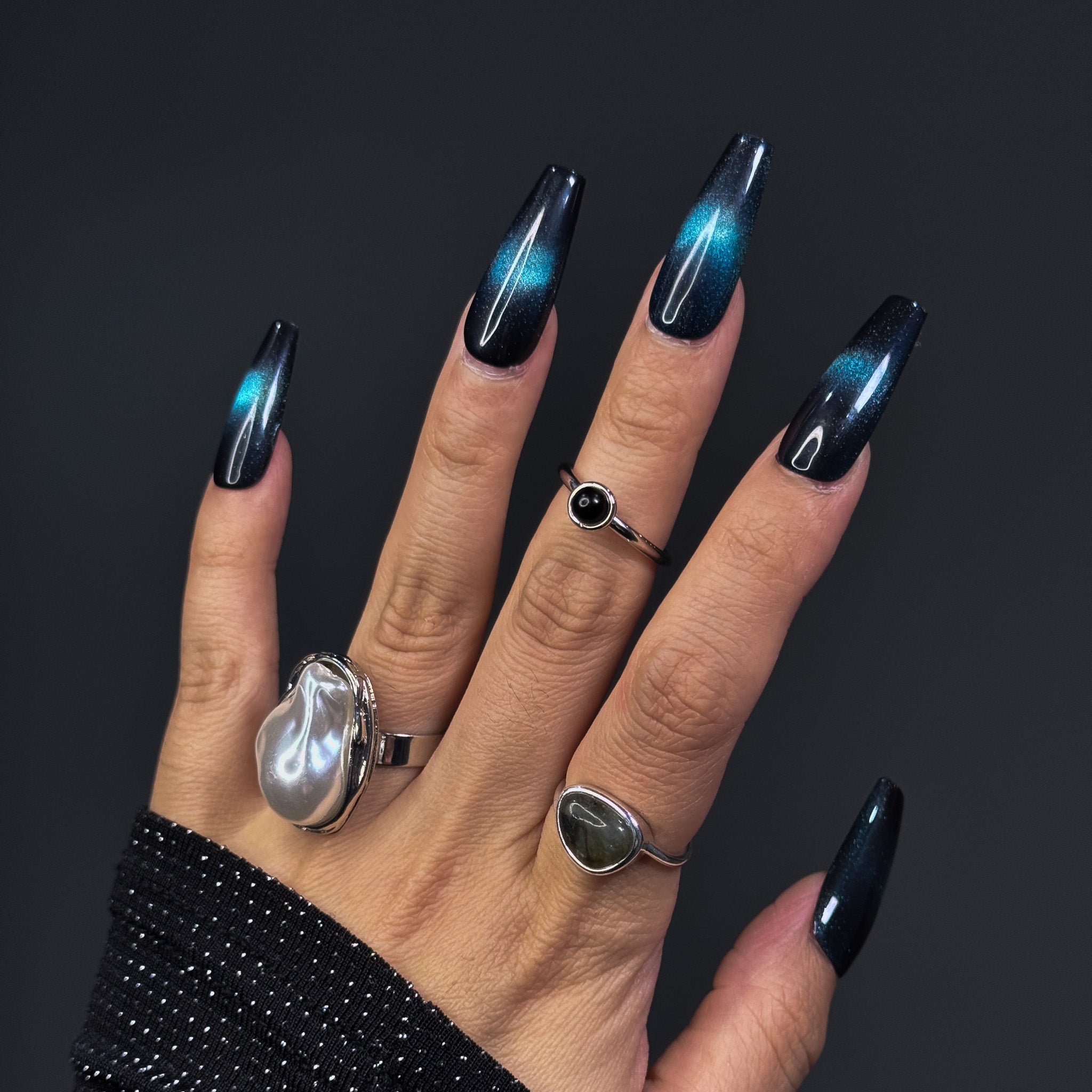 NAYL - HUSH OF NIGHT - 10PCS Long COFFIN Handmade Press On Nails Reusable Cat Eye
