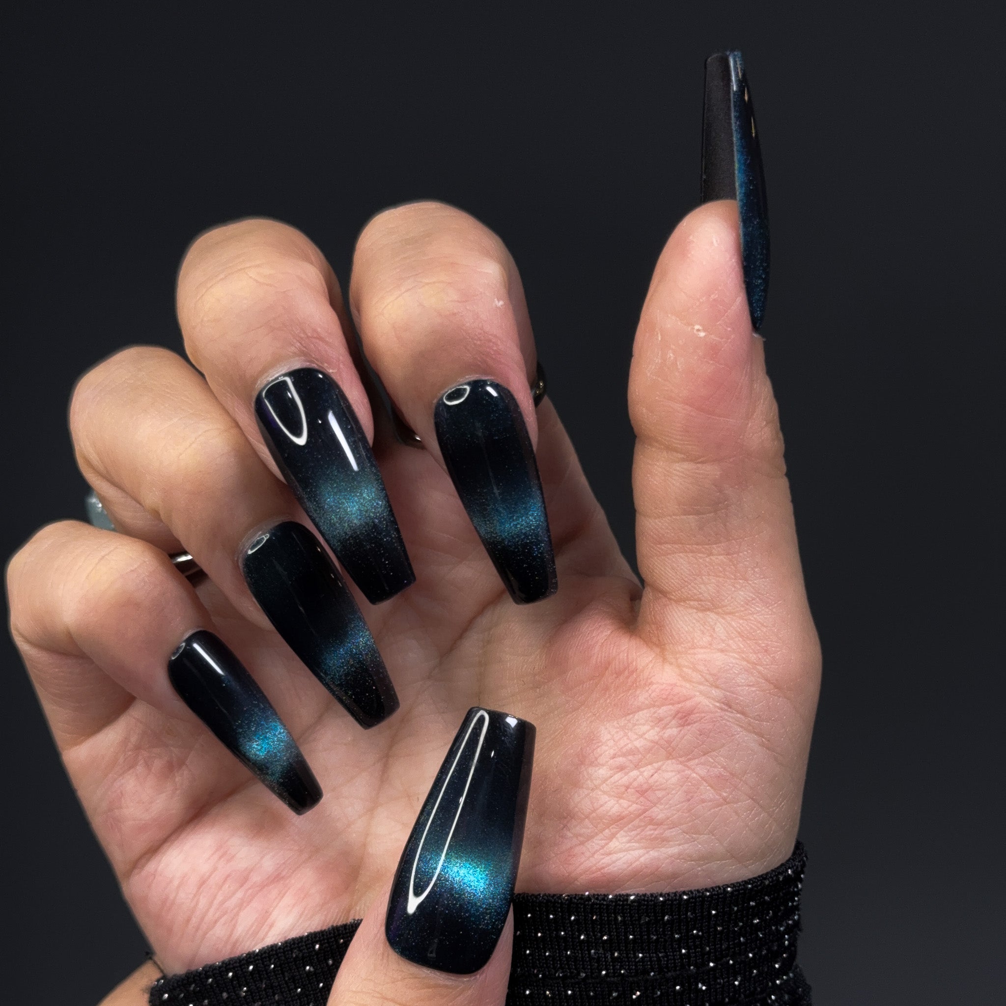 NAYL - HUSH OF NIGHT - 10PCS Long COFFIN Handmade Press On Nails Reusable Cat Eye
