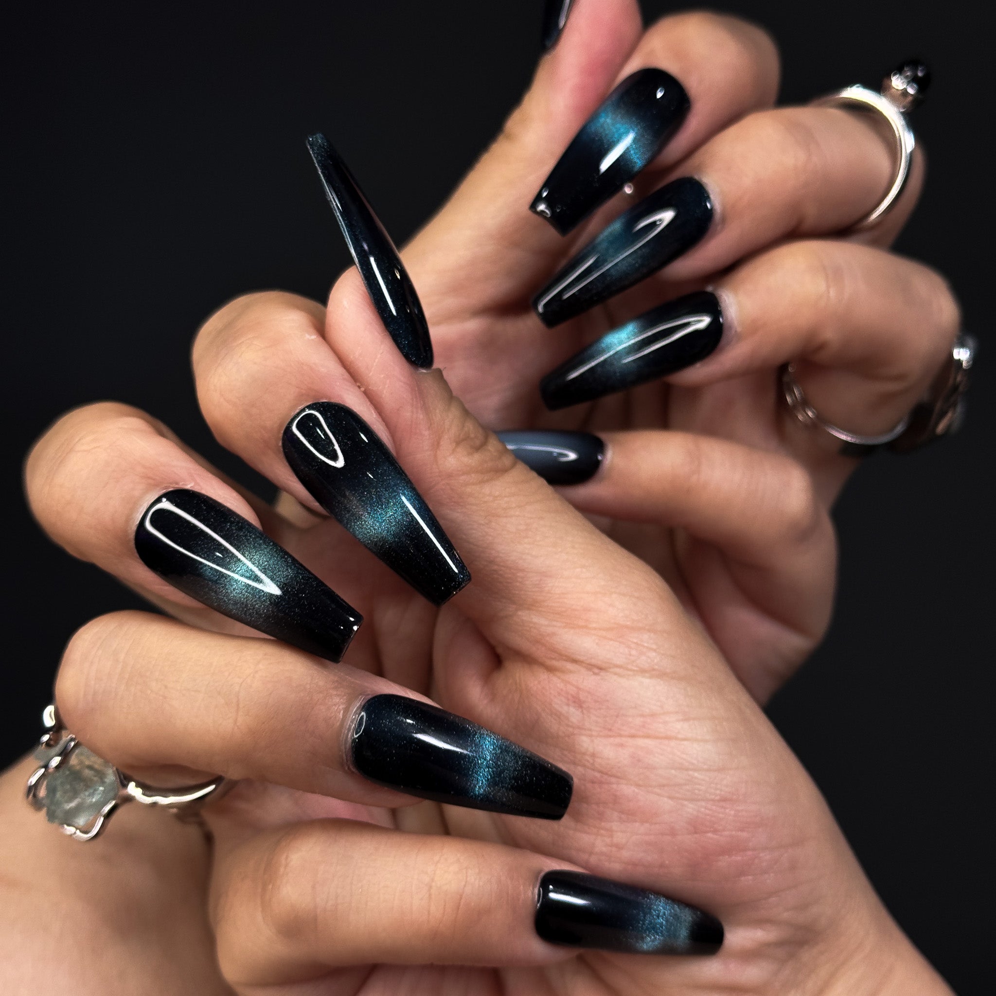 NAYL - HUSH OF NIGHT - 10PCS Long COFFIN Handmade Press On Nails Reusable Cat Eye