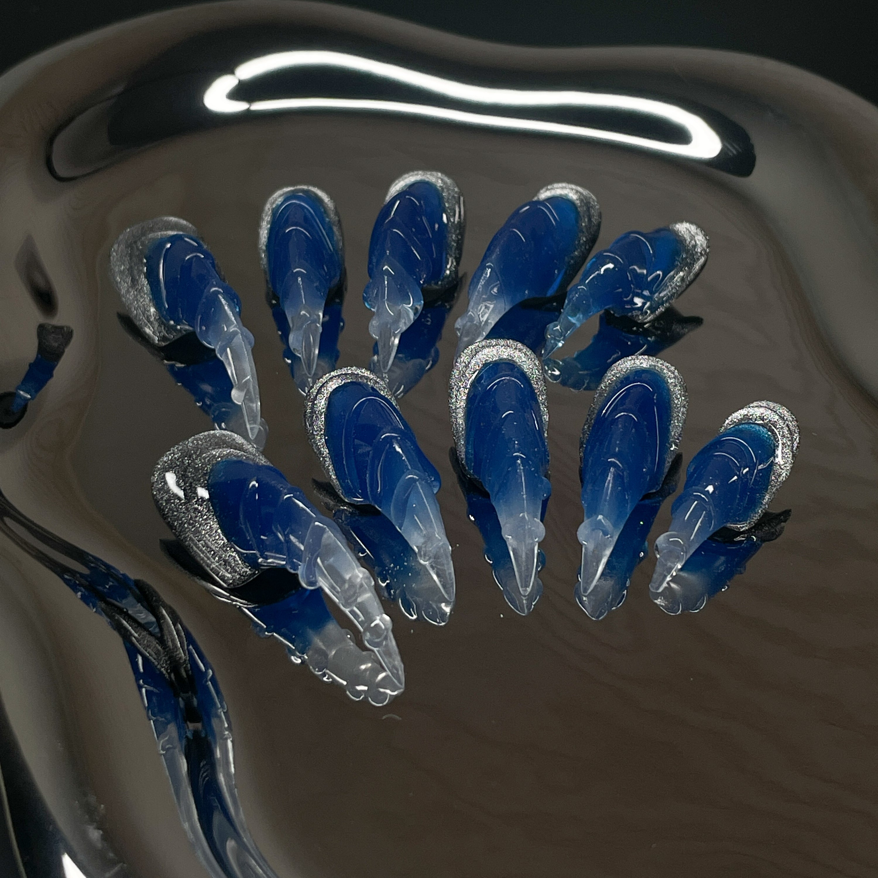 Glacier Blue Ombre: Frosty blues fade into translucent crystal tips like ice breaking over deep water.
• 3D Claw Sculpt: Each nail is shaped with fierce, curved ridges for a wild, talon-like silhouette.
• Silver Ice Accents: Glittery chrome edges mimic frozen crusts and shimmering snow.
• Frosted Finish: A mix of matte and gloss textures gives this set the ultimate arctic edge.
• Claw Shape: Sharp, sculpted tips that extend like icy weapons—bold, edgy, and unapologetic.