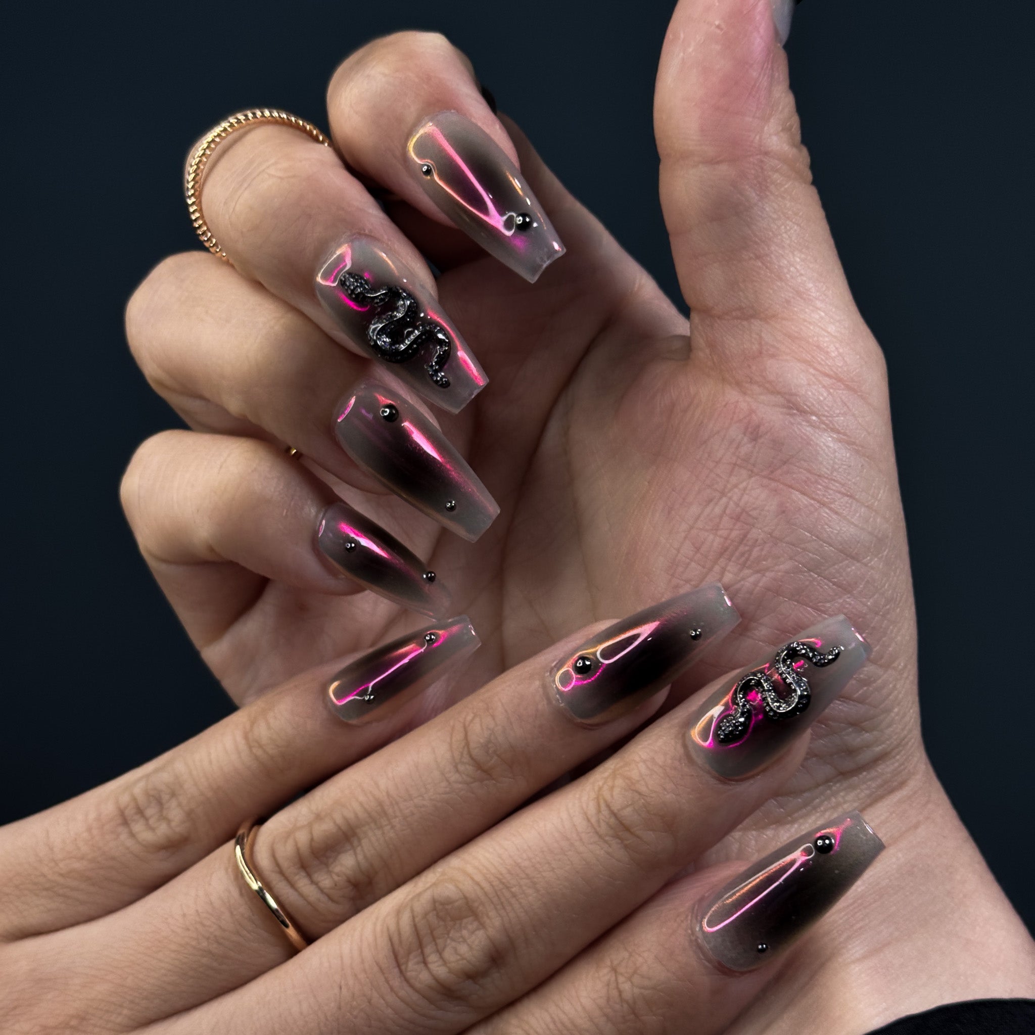 NAYL - LASER VENOMOUS - 10PCS Medium COFFIN Handmade Press On Nails Reusable 3D Gel Jewel Chrome Ombre