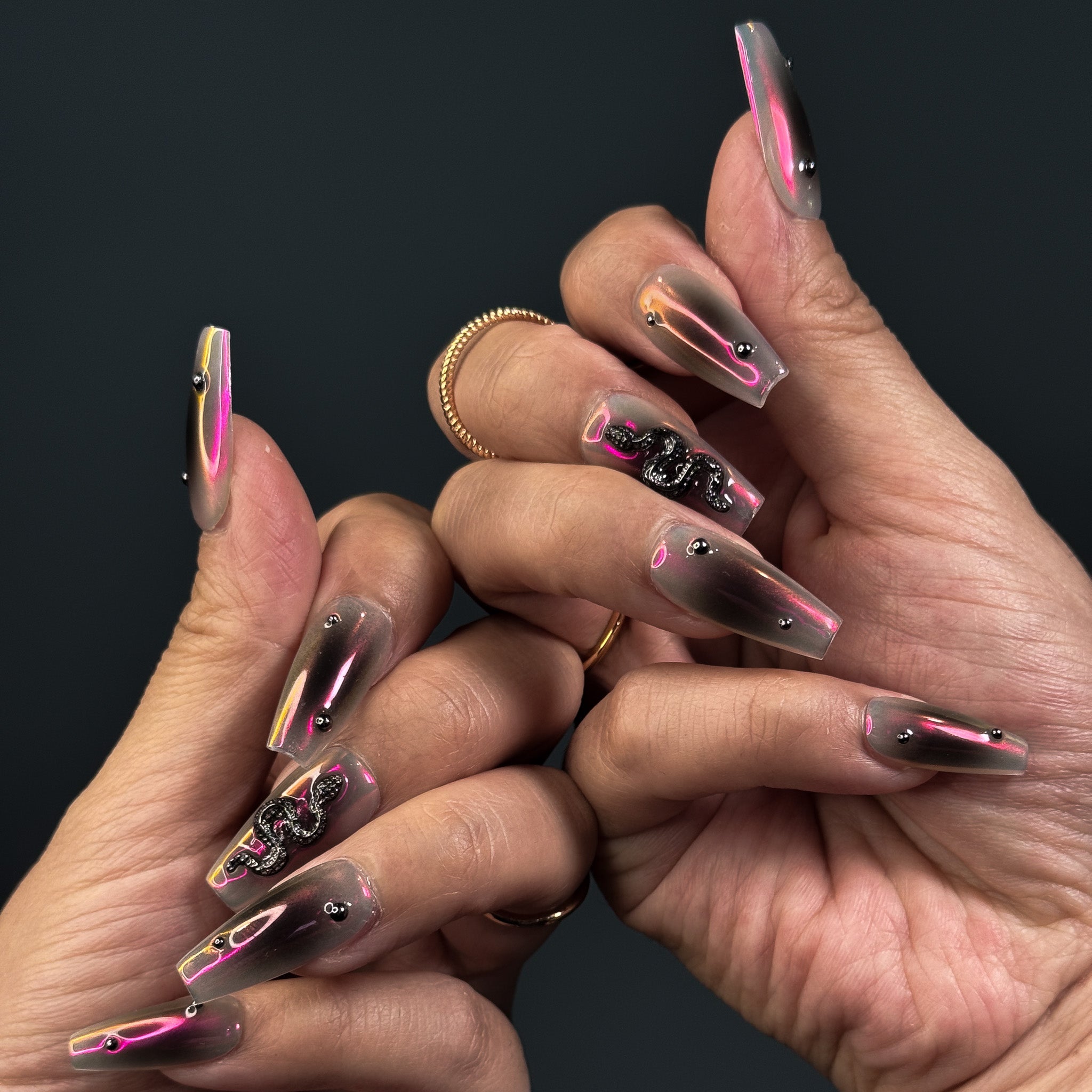 NAYL - LASER VENOMOUS - 10PCS Medium COFFIN Handmade Press On Nails Reusable 3D Gel Jewel Chrome Ombre