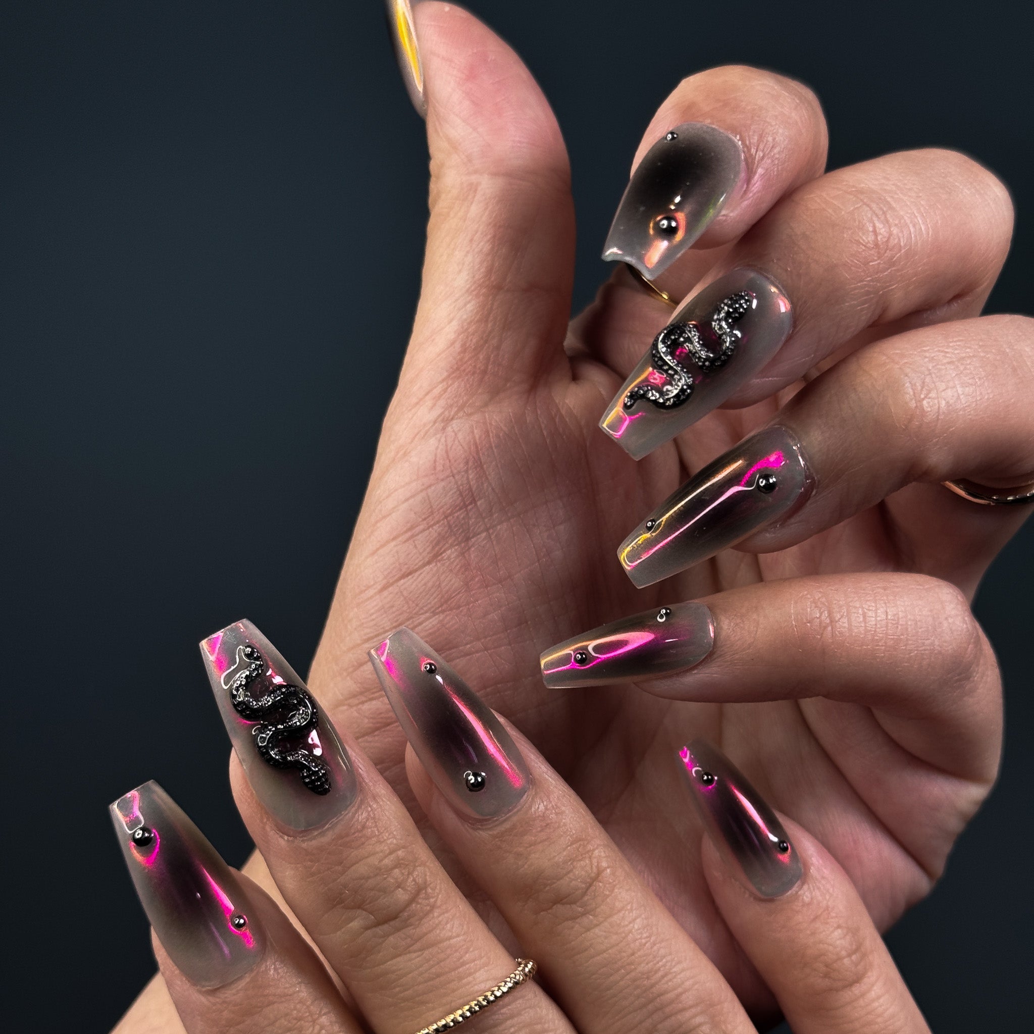NAYL - LASER VENOMOUS - 10PCS Medium COFFIN Handmade Press On Nails Reusable 3D Gel Jewel Chrome Ombre