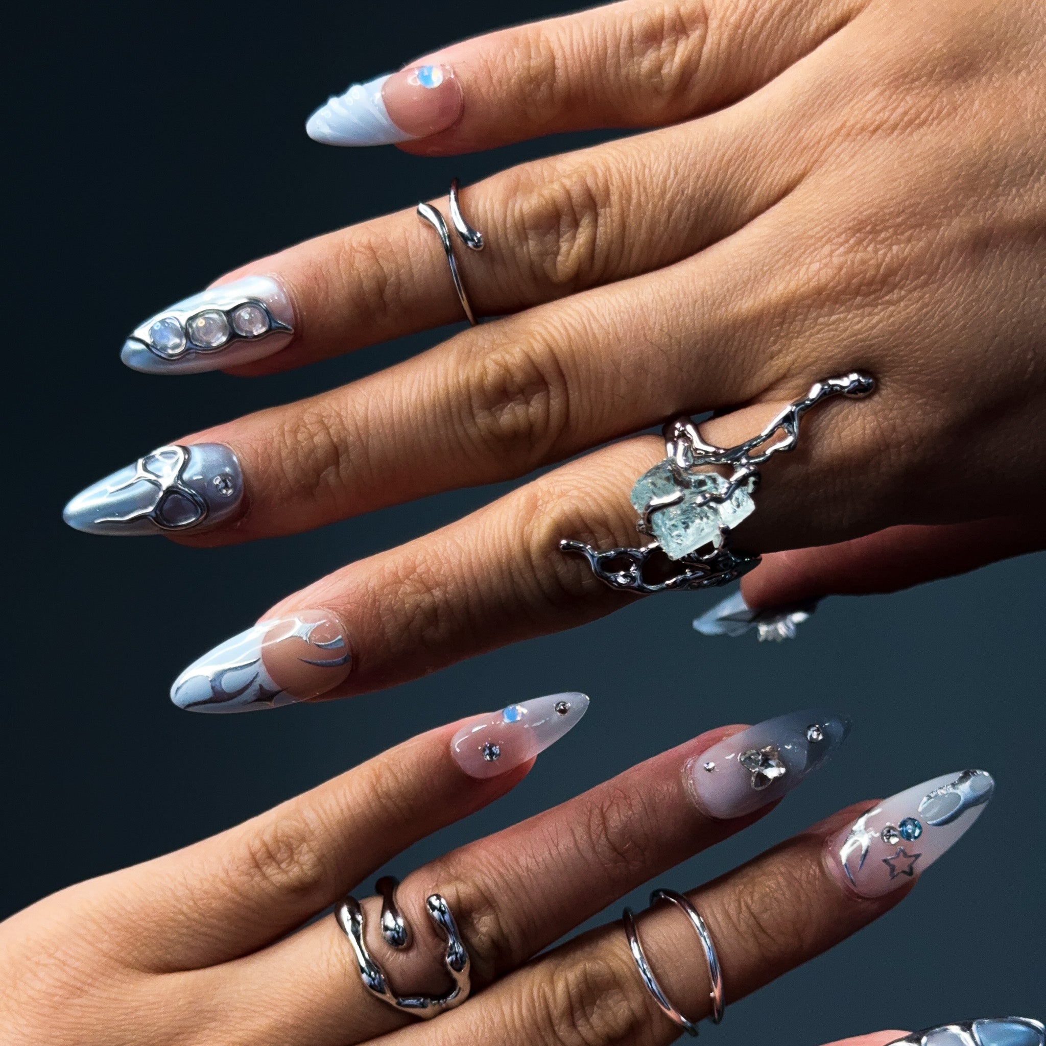 NAYL - LUNAR DREAMS - 10PCS Medium ALMOND Handmade Press On Nails Reusable Pattern Metallic 3D Gel Jewel Chrome French