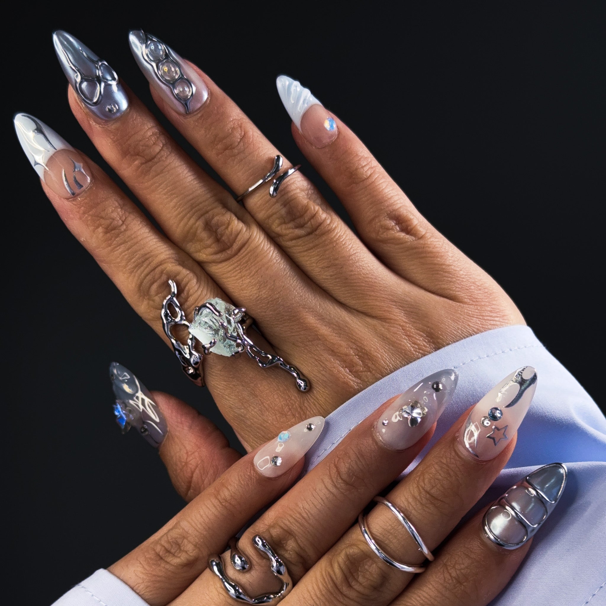 NAYL - LUNAR DREAMS - 10PCS Medium ALMOND Handmade Press On Nails Reusable Pattern Metallic 3D Gel Jewel Chrome French