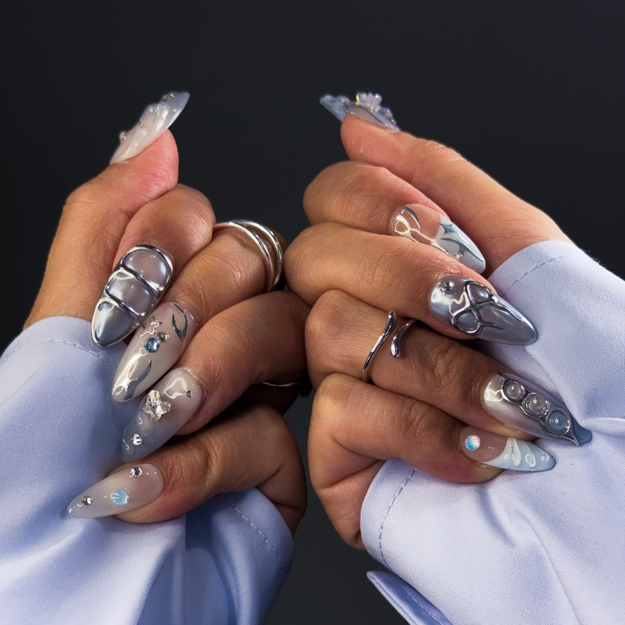 NAYL - LUNAR DREAMS - 10PCS Medium ALMOND Handmade Press On Nails Reusable Pattern Metallic 3D Gel Jewel Chrome French