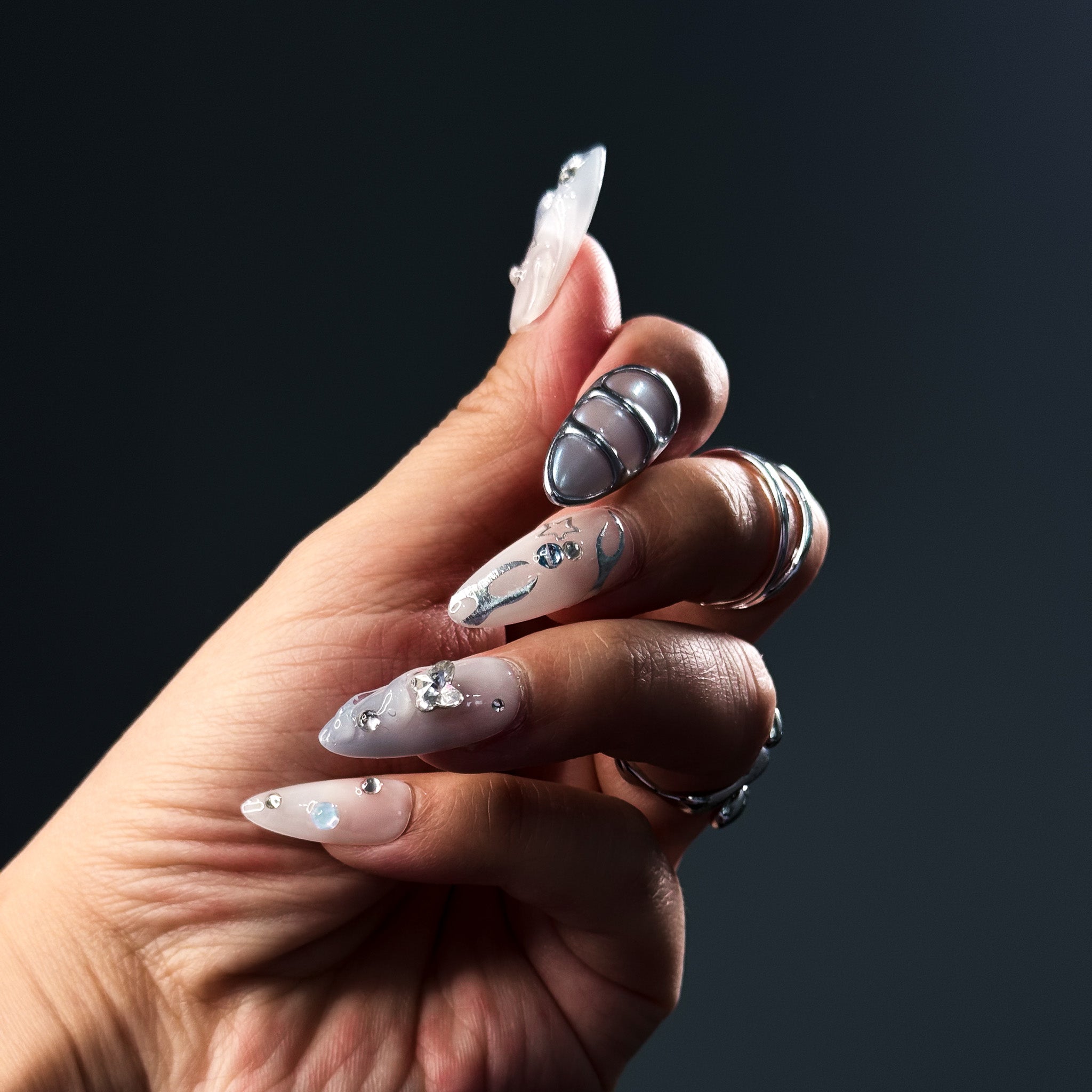 NAYL - LUNAR DREAMS - 10PCS Medium ALMOND Handmade Press On Nails Reusable Pattern Metallic 3D Gel Jewel Chrome French