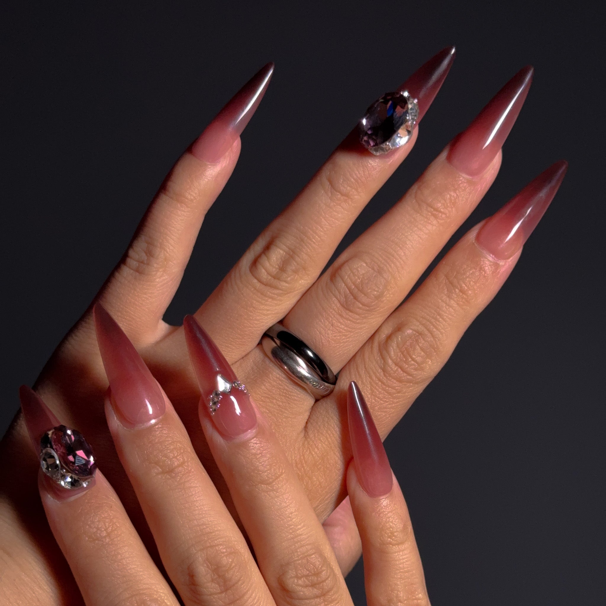 NAYL - MIDNIGHT EMBERS 10PCS Handmade Press On Nails REUSABLE 3D Gel ALMOND DEEP GLOSSY GEM ACCENTS