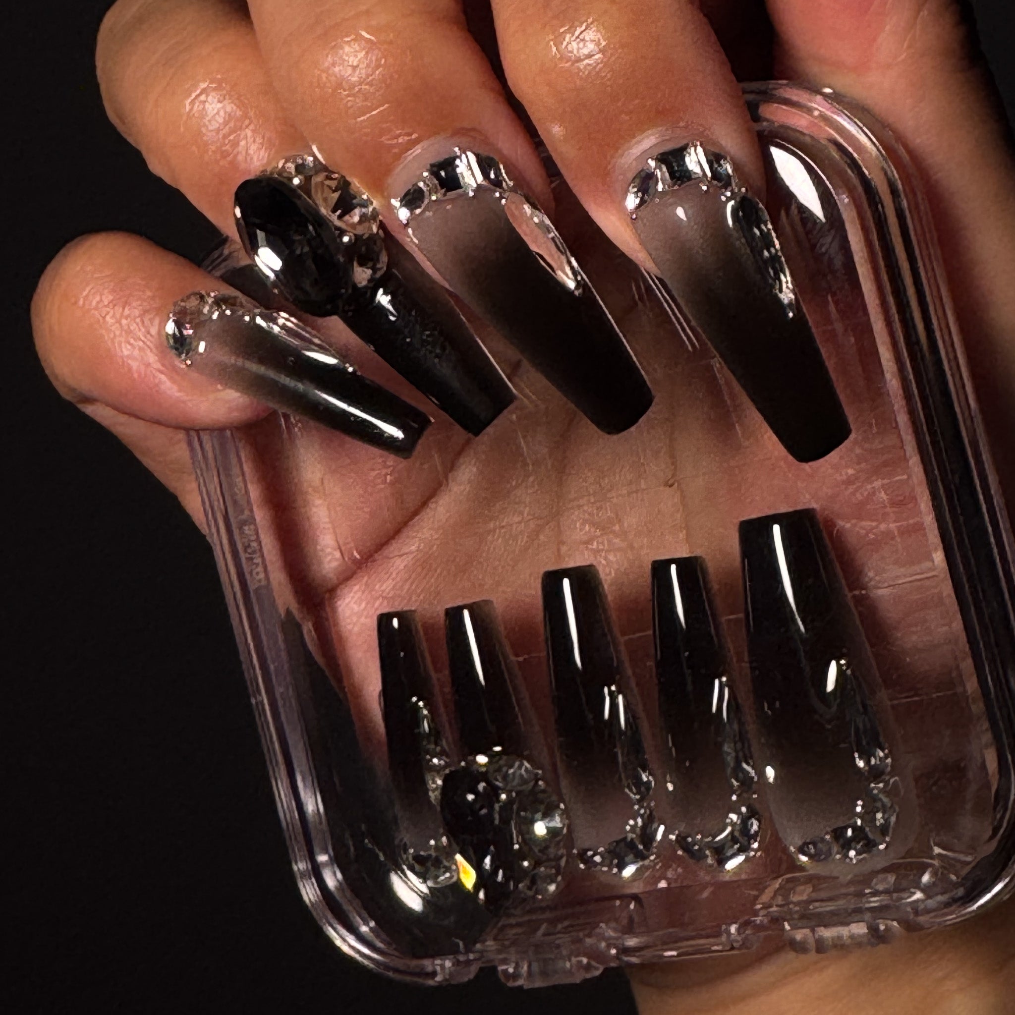 NAYL - OBSIDIAN CRYSTAL - 10PCS Long COFFIN Handmade Press On Nails Reusable Metallic 3D Gel Ombre Jewel