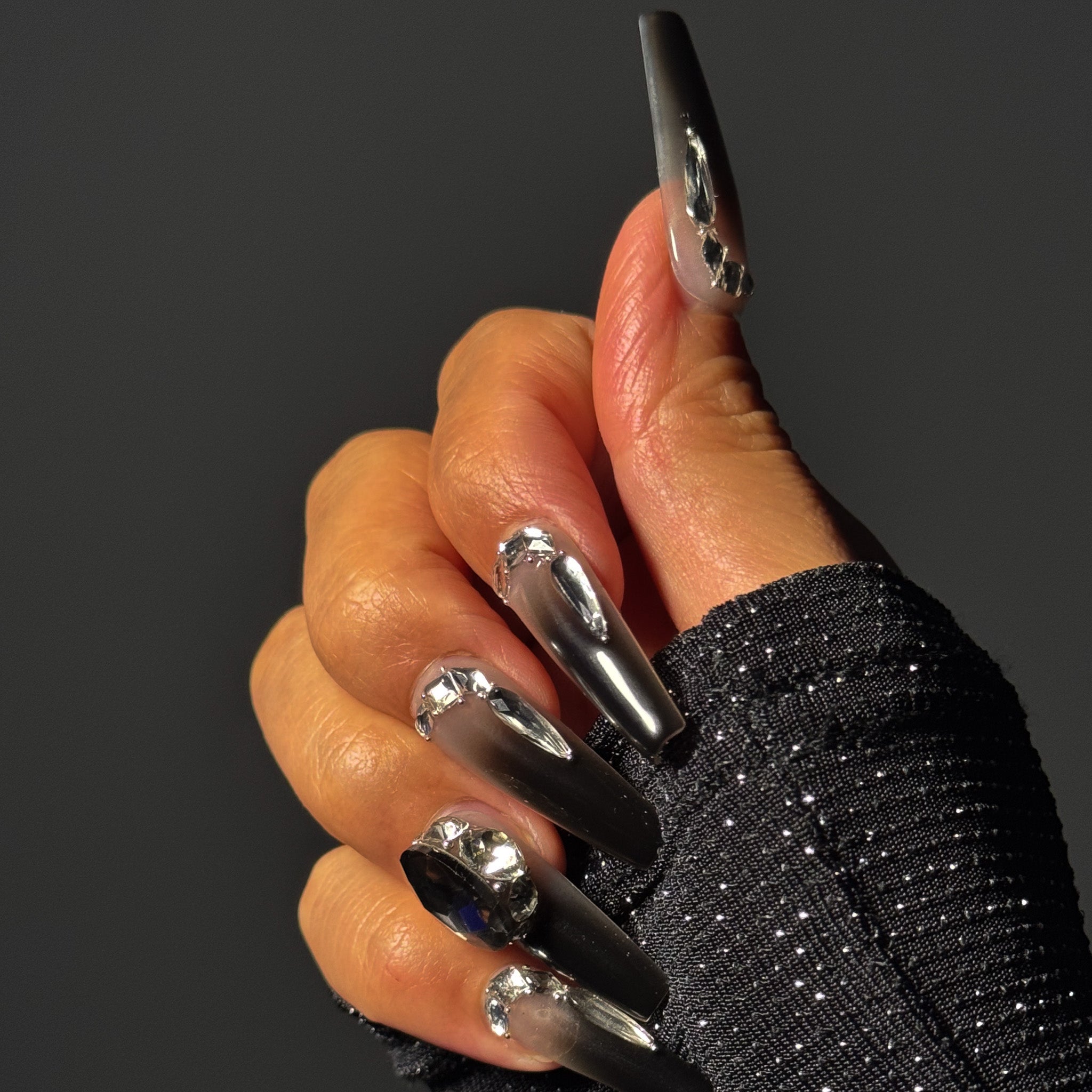 NAYL - OBSIDIAN CRYSTAL - 10PCS Long COFFIN Handmade Press On Nails Reusable Metallic 3D Gel Ombre Jewel
