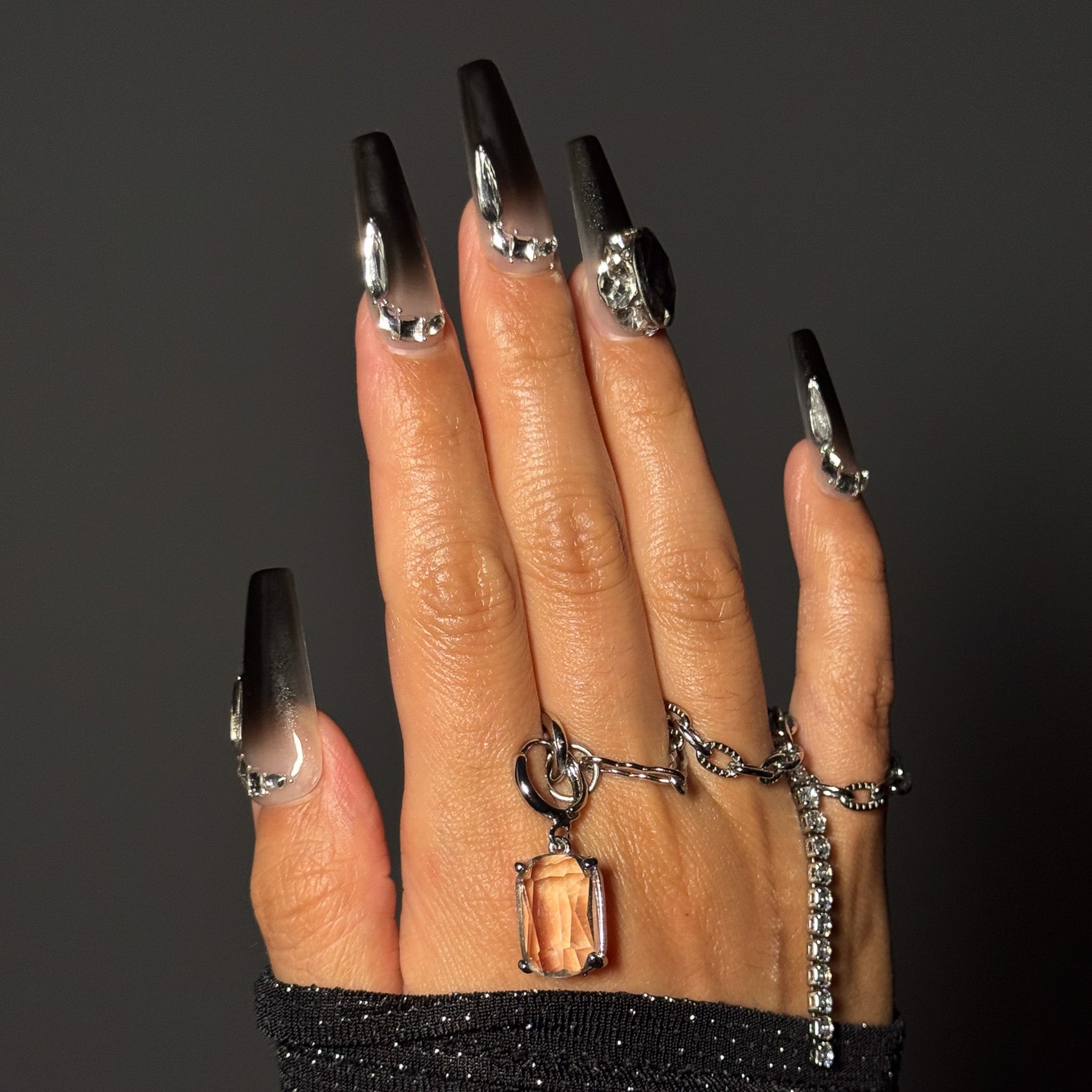 NAYL - OBSIDIAN CRYSTAL - 10PCS Long COFFIN Handmade Press On Nails Reusable Metallic 3D Gel Ombre Jewel