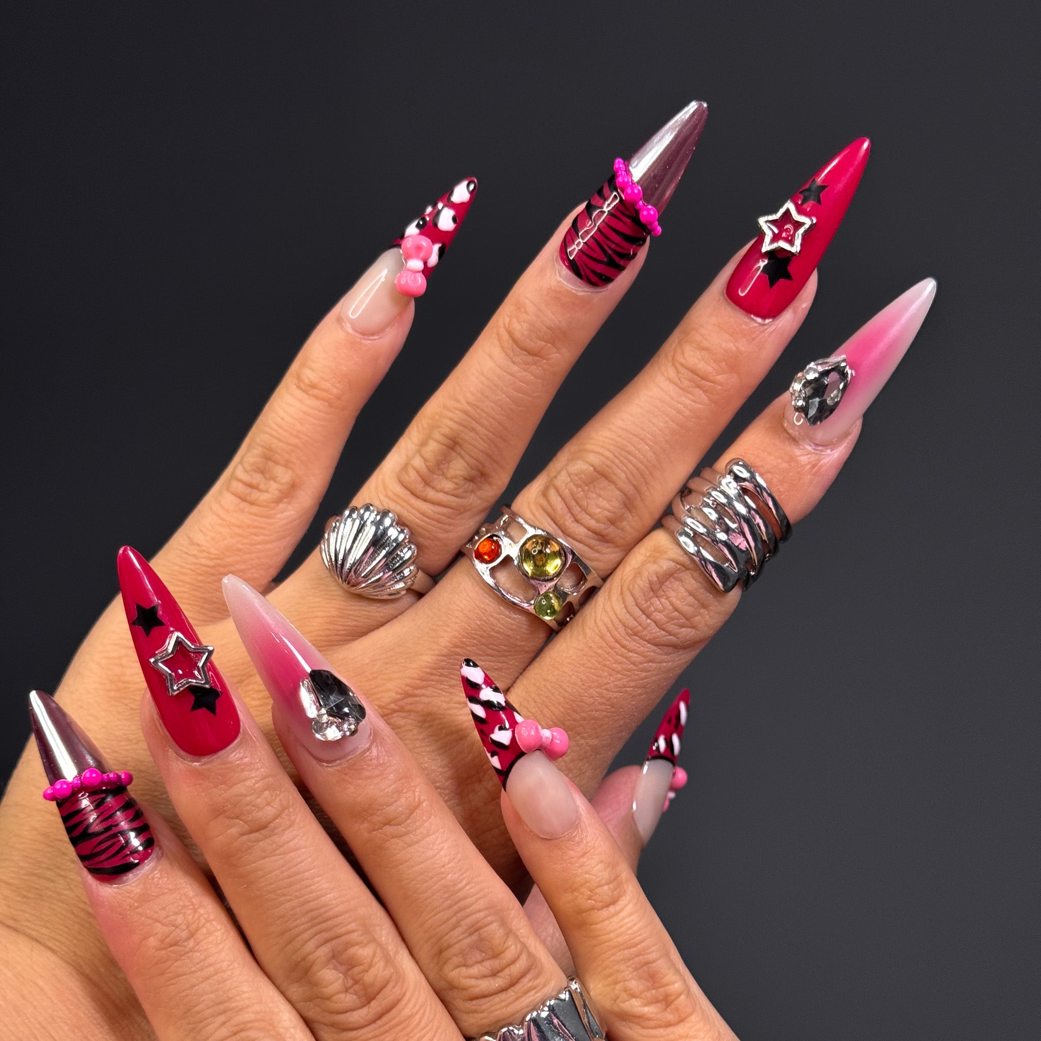 NAYL - POP STAR REBEL 10PCS Handmade Press On Nails REUSABLE 3D Gel STILETTO HOT PINK ANIMAL PRINT STAR GEM