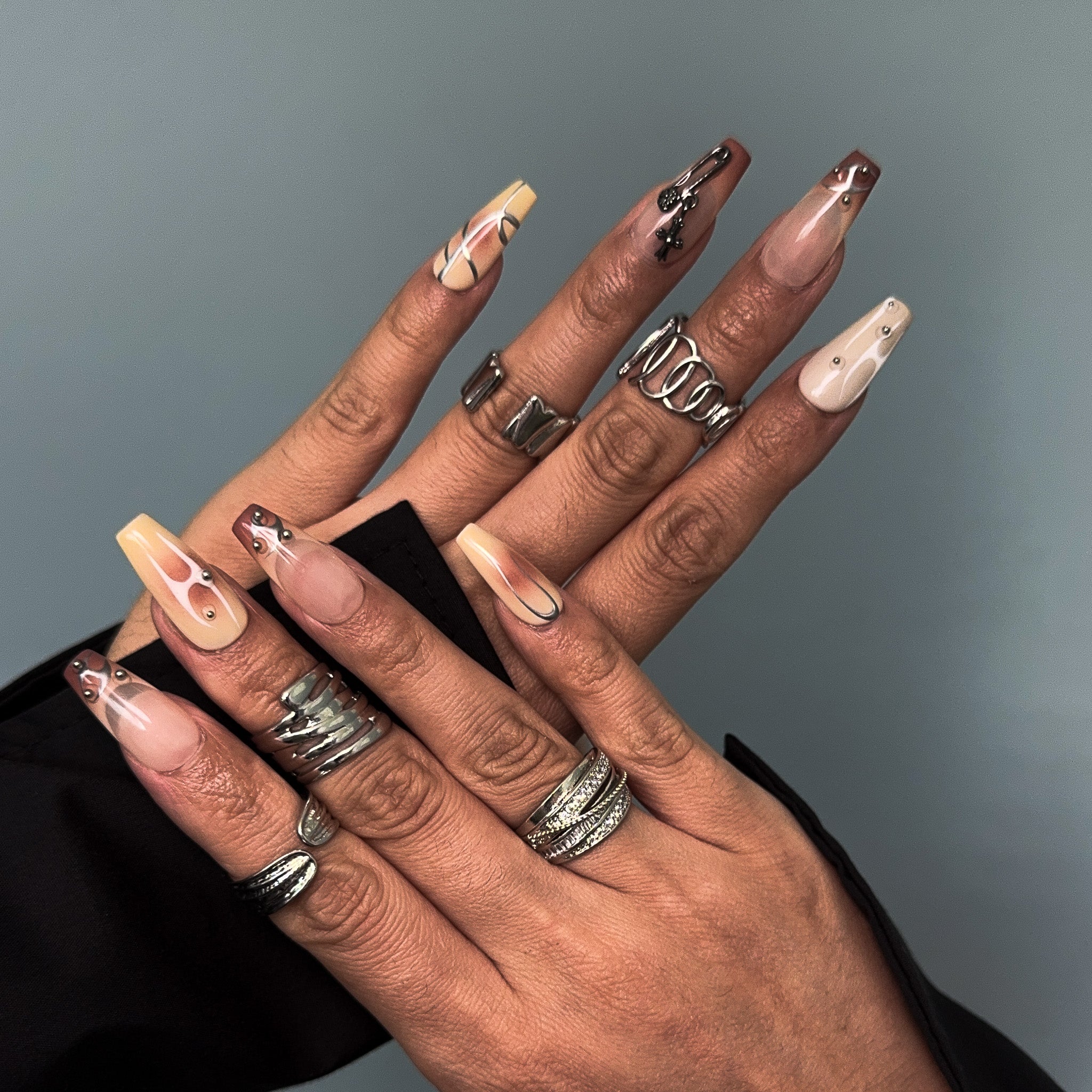 NAYL - PUNK ELEGANCE - 10PCS Medium COFFIN Handmade Press On Nails Reusable Metallic 3D Gel Jewel Pattern Ombre French