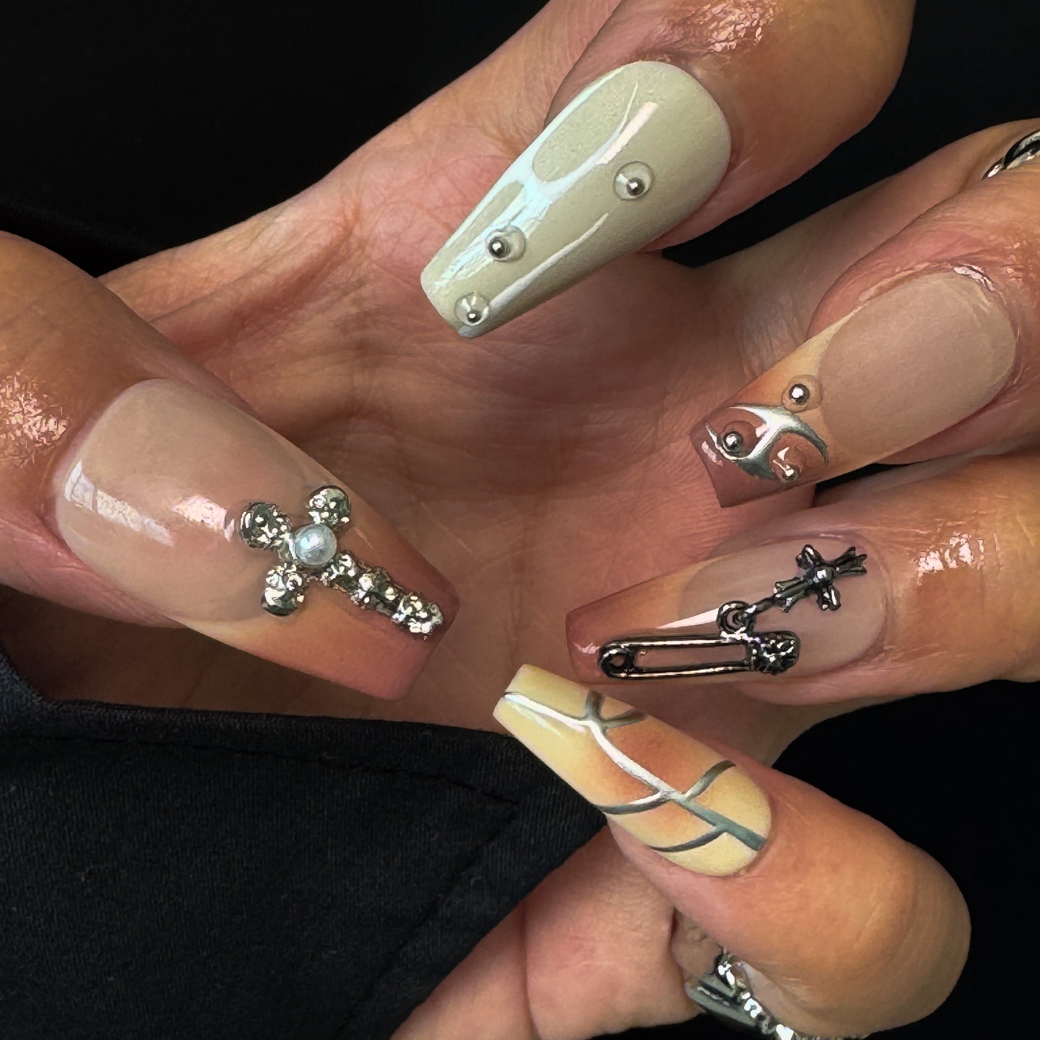 NAYL - PUNK ELEGANCE - 10PCS Medium COFFIN Handmade Press On Nails Reusable Metallic 3D Gel Jewel Pattern Ombre French