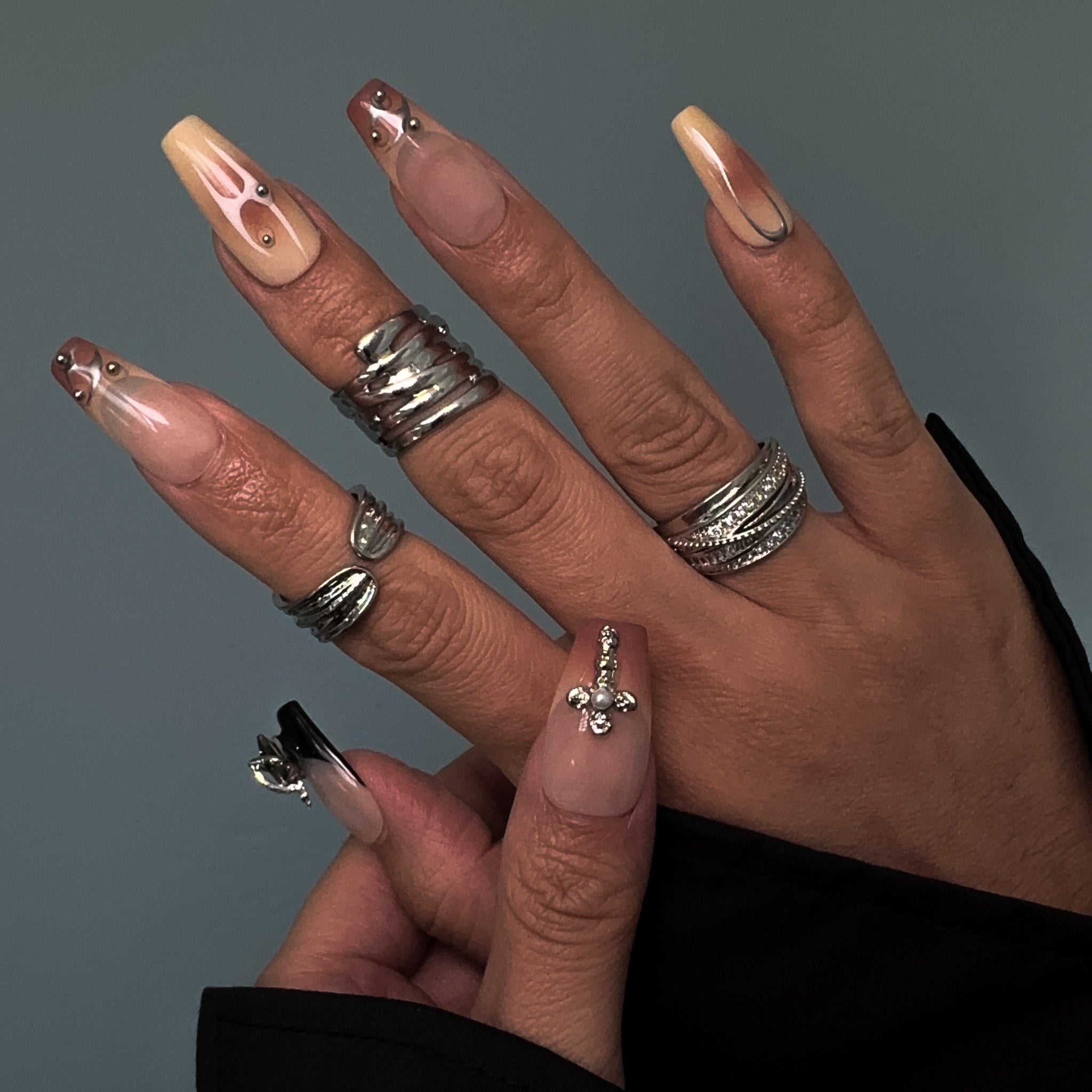 NAYL - PUNK ELEGANCE - 10PCS Medium COFFIN Handmade Press On Nails Reusable Metallic 3D Gel Jewel Pattern Ombre French