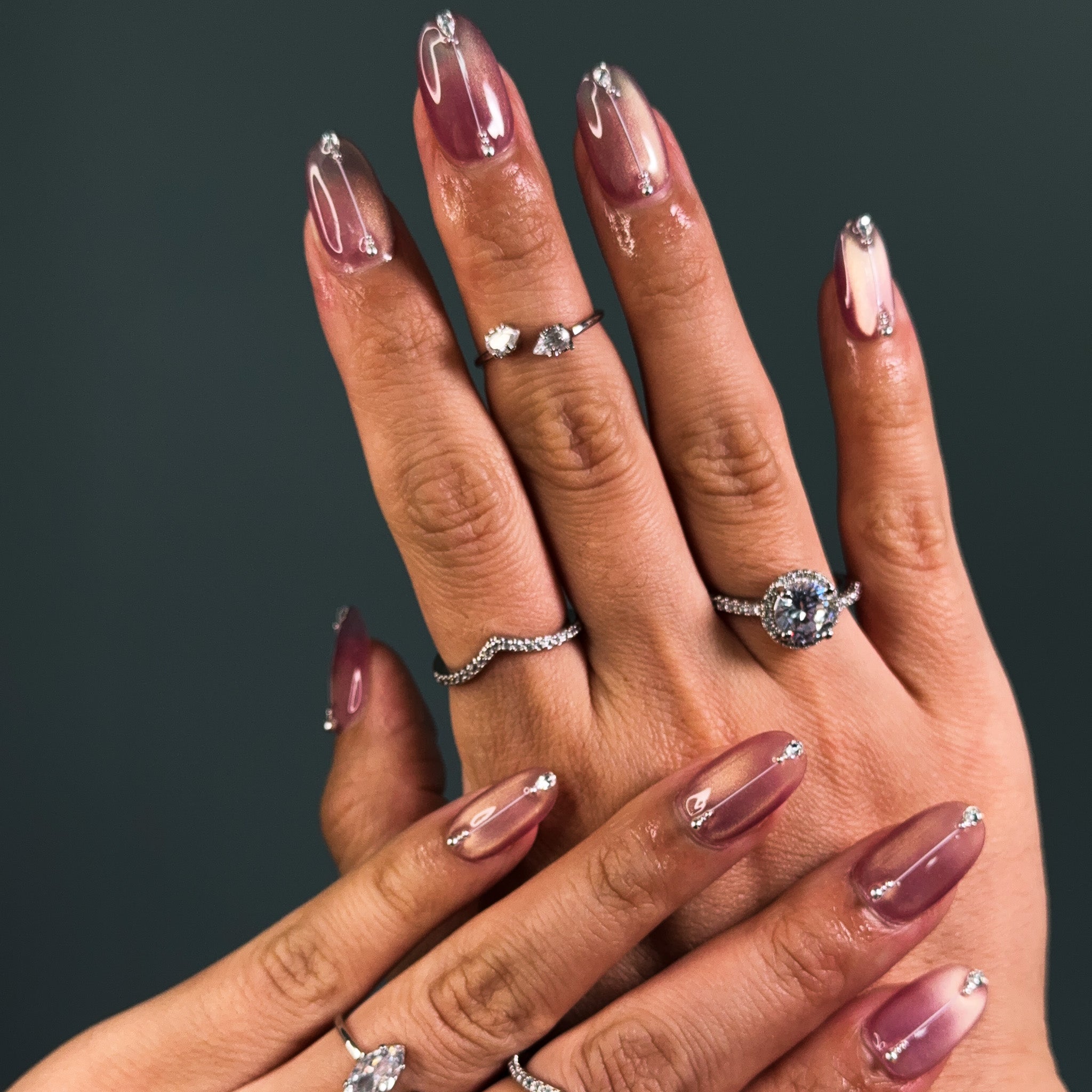 NAYL - ROSE GLOW - 10PCS Short OVAL Handmade Press On Nails Reusable Metallic Jewel Cat Eye