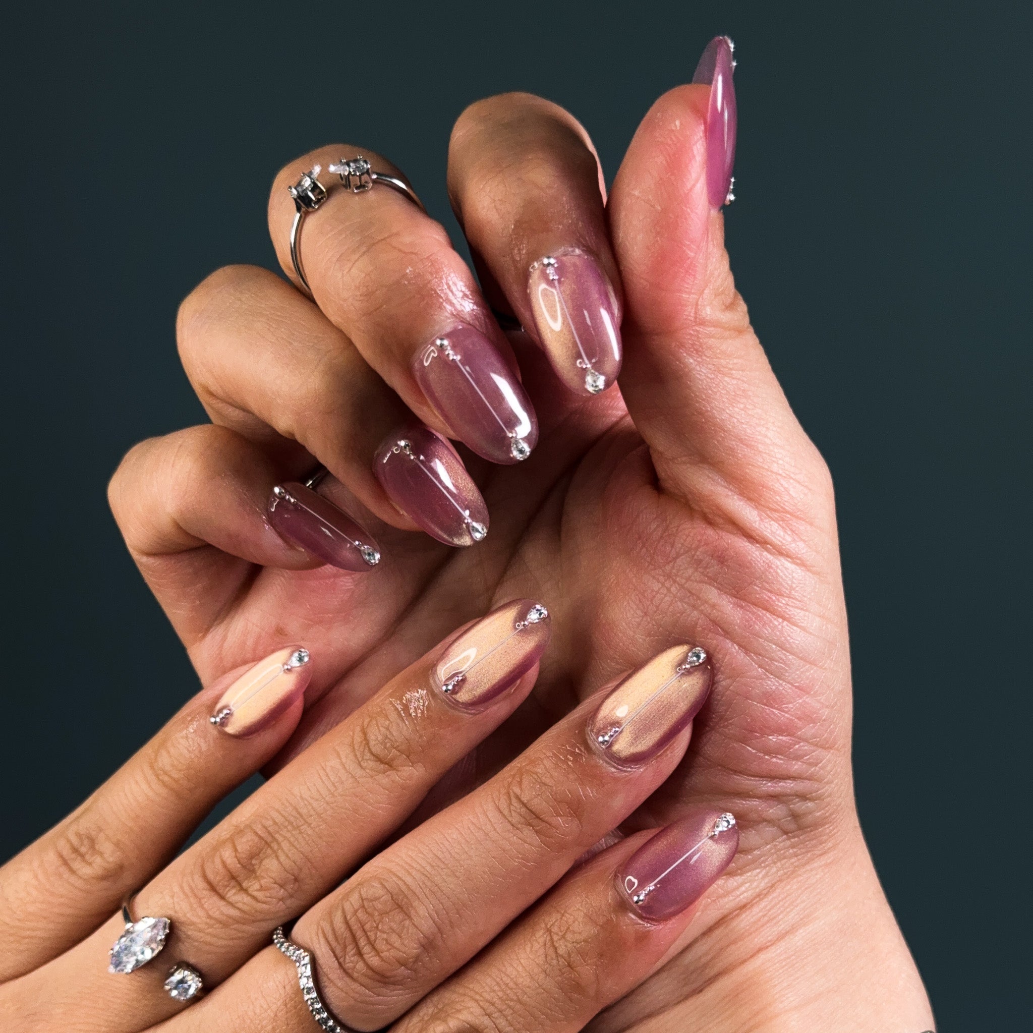 NAYL - ROSE GLOW - 10PCS Short OVAL Handmade Press On Nails Reusable Metallic Jewel Cat Eye