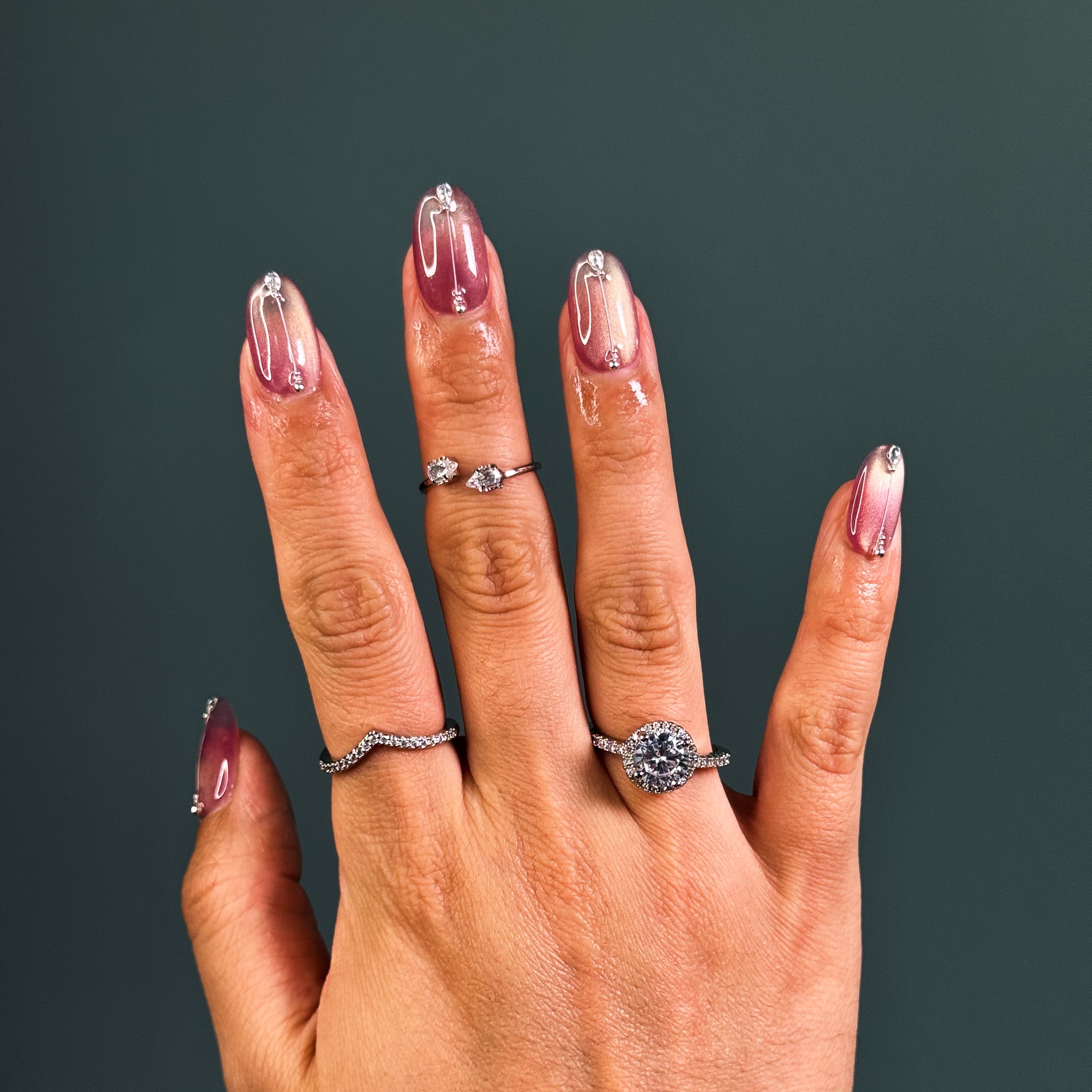 NAYL - ROSE GLOW - 10PCS Short OVAL Handmade Press On Nails Reusable Metallic Jewel Cat Eye