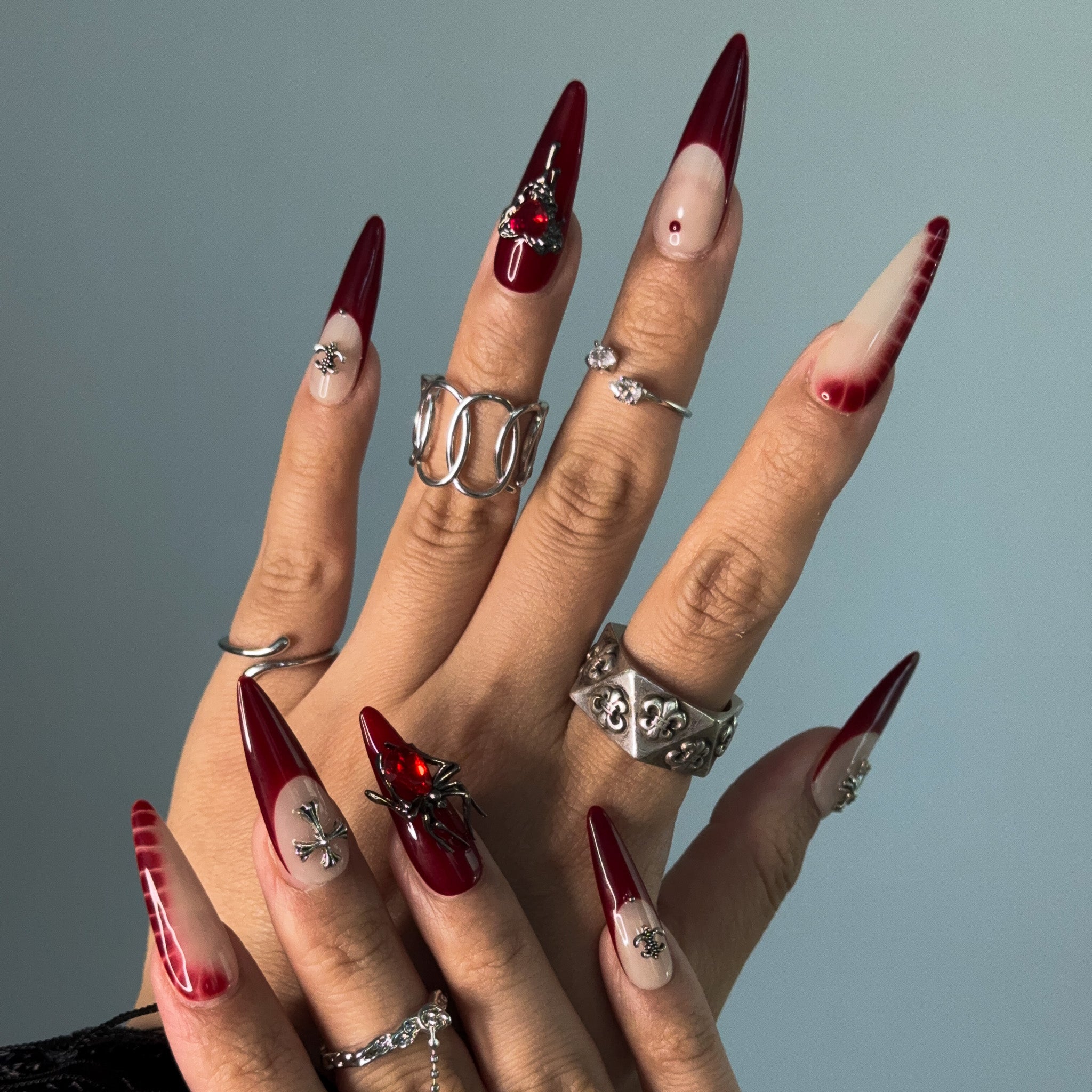 NAYL - RUBY SPIDER - 10PCS Extra-Long STILETTO Handmade Press On Nails Reusable Pattern 3D Gel French Jewel