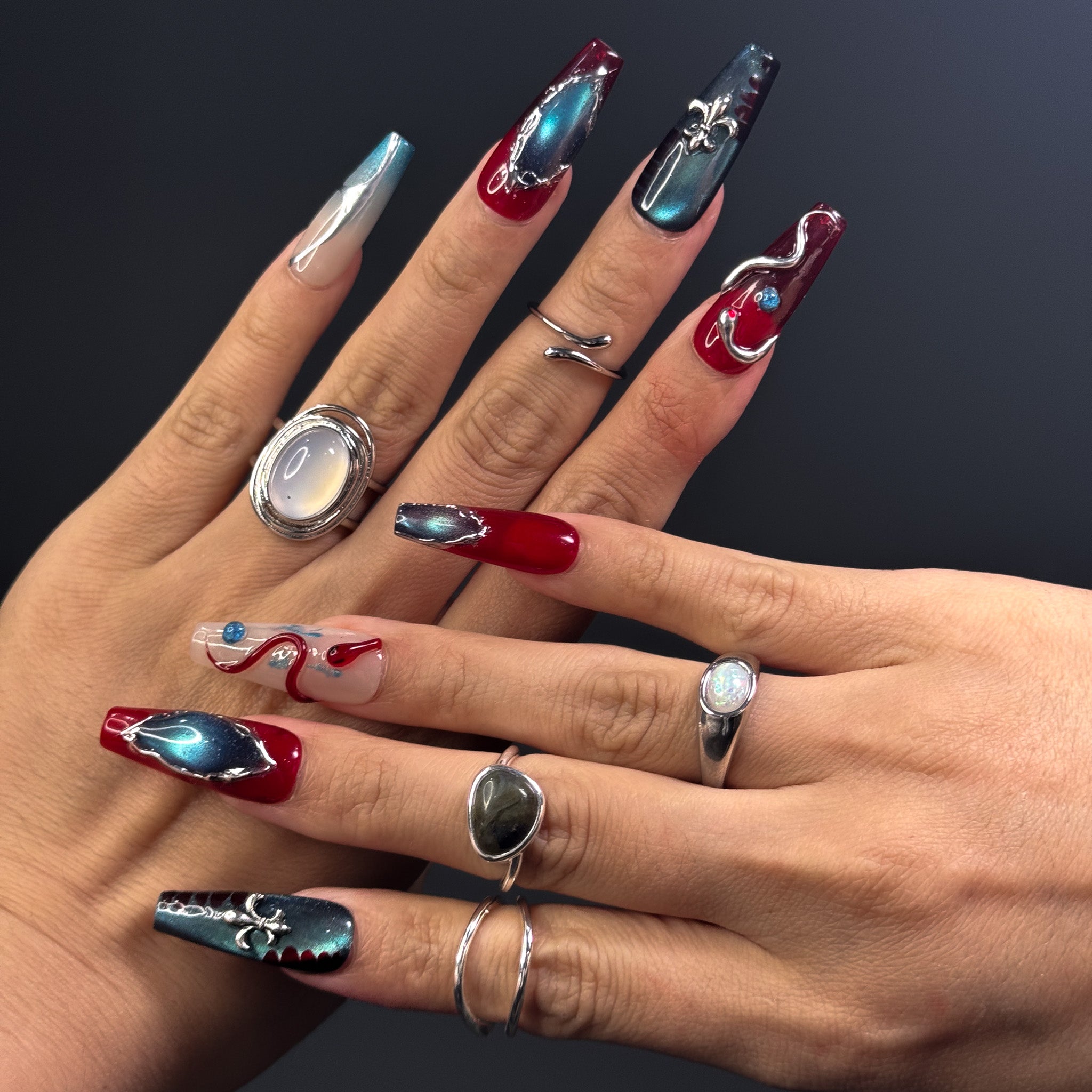 NAYL - SERPENT ECLIPSE - 10PCS Long COFFIN Handmade Press On Nails Reusable Metallic 3D Gel Jewel Cat Eye