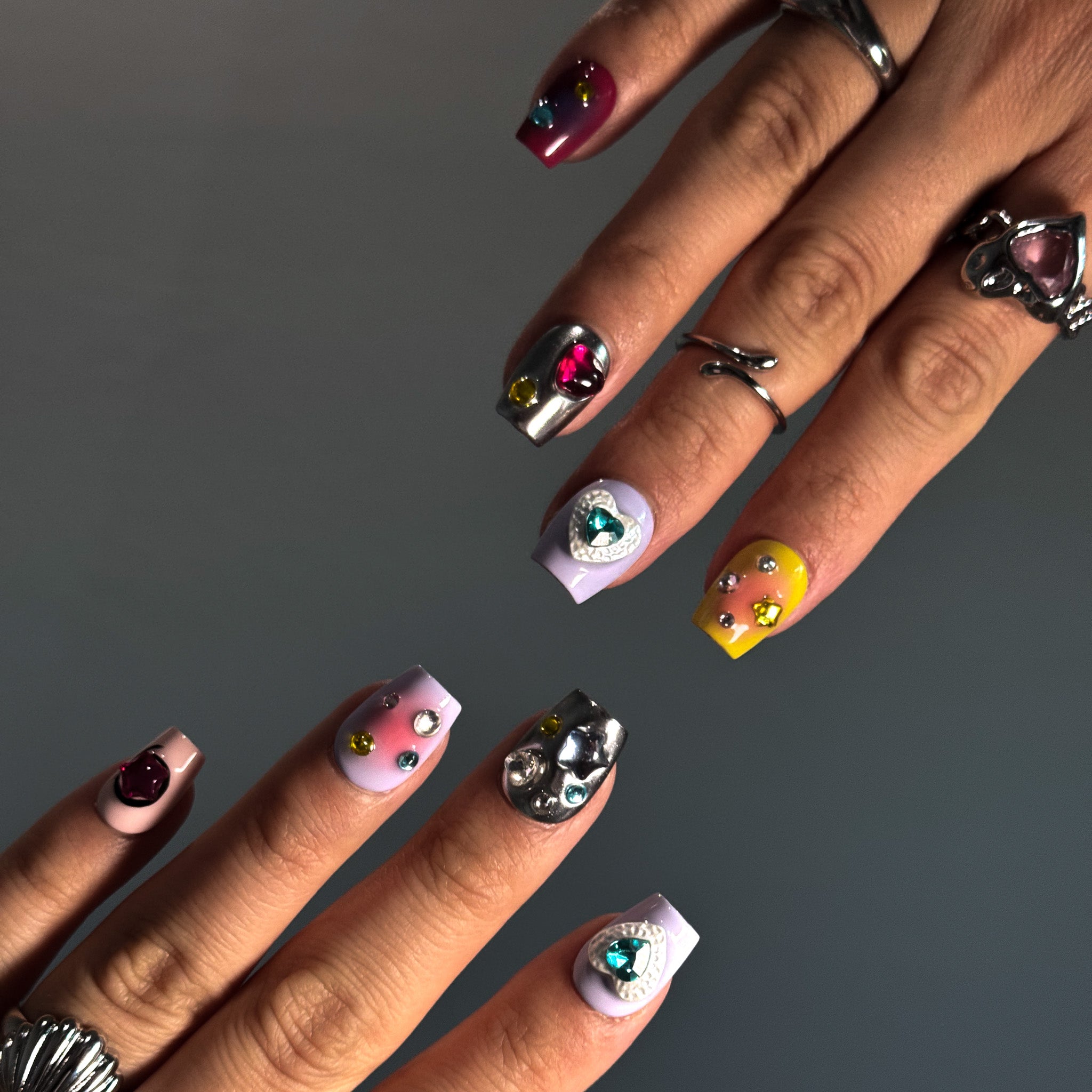 NAYL - SUGAR SPARKLE - 10PCS Short SQUARE Handmade Press On Nails Reusable Metallic 3D Gel Ombre Jewel