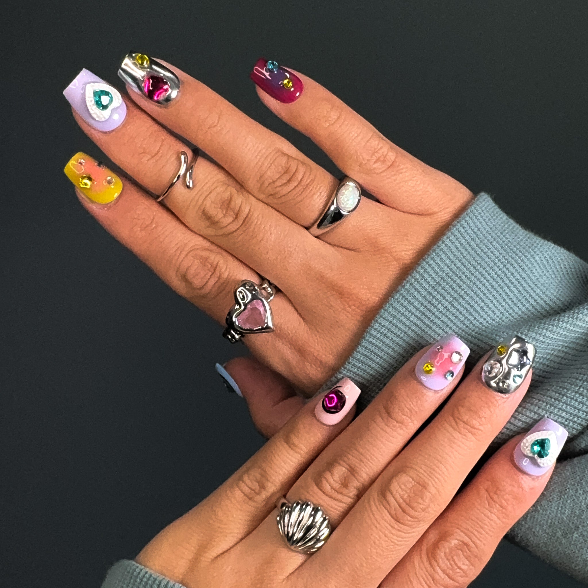 NAYL - SUGAR SPARKLE - 10PCS Short SQUARE Handmade Press On Nails Reusable Metallic 3D Gel Ombre Jewel